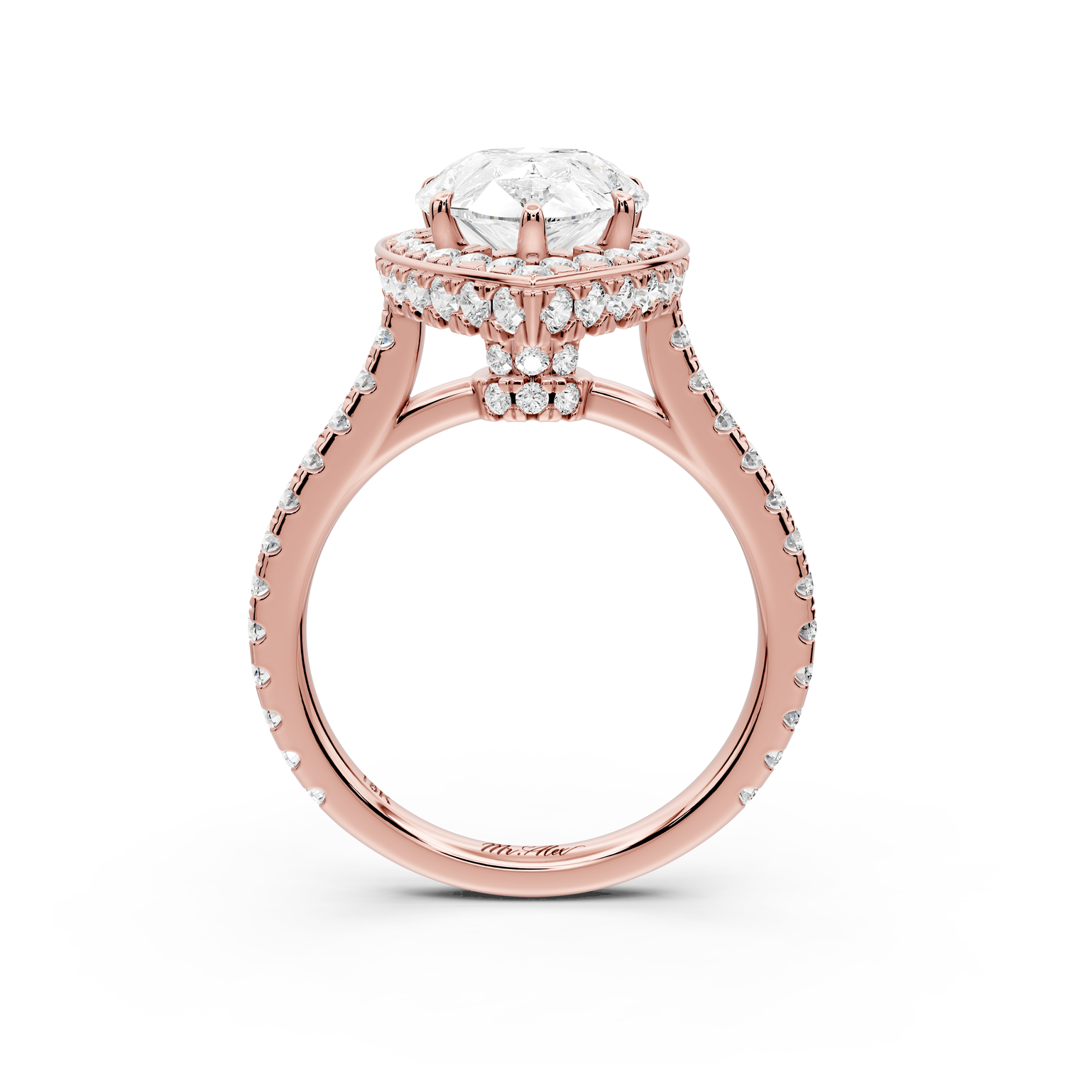 Beatrice - 3ct 14k rose gold pear stone in rollover halo with diamond bridge and pavé engagement ring