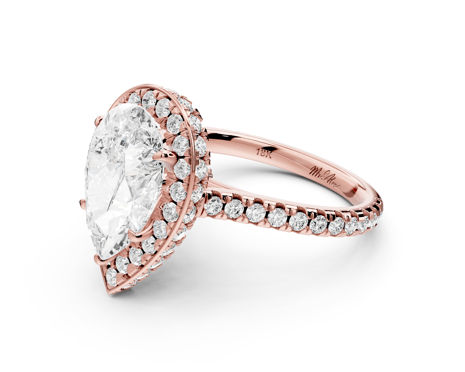 Beatrice - 3ct 14k rose gold pear stone in rollover halo with diamond bridge and pavé engagement ring