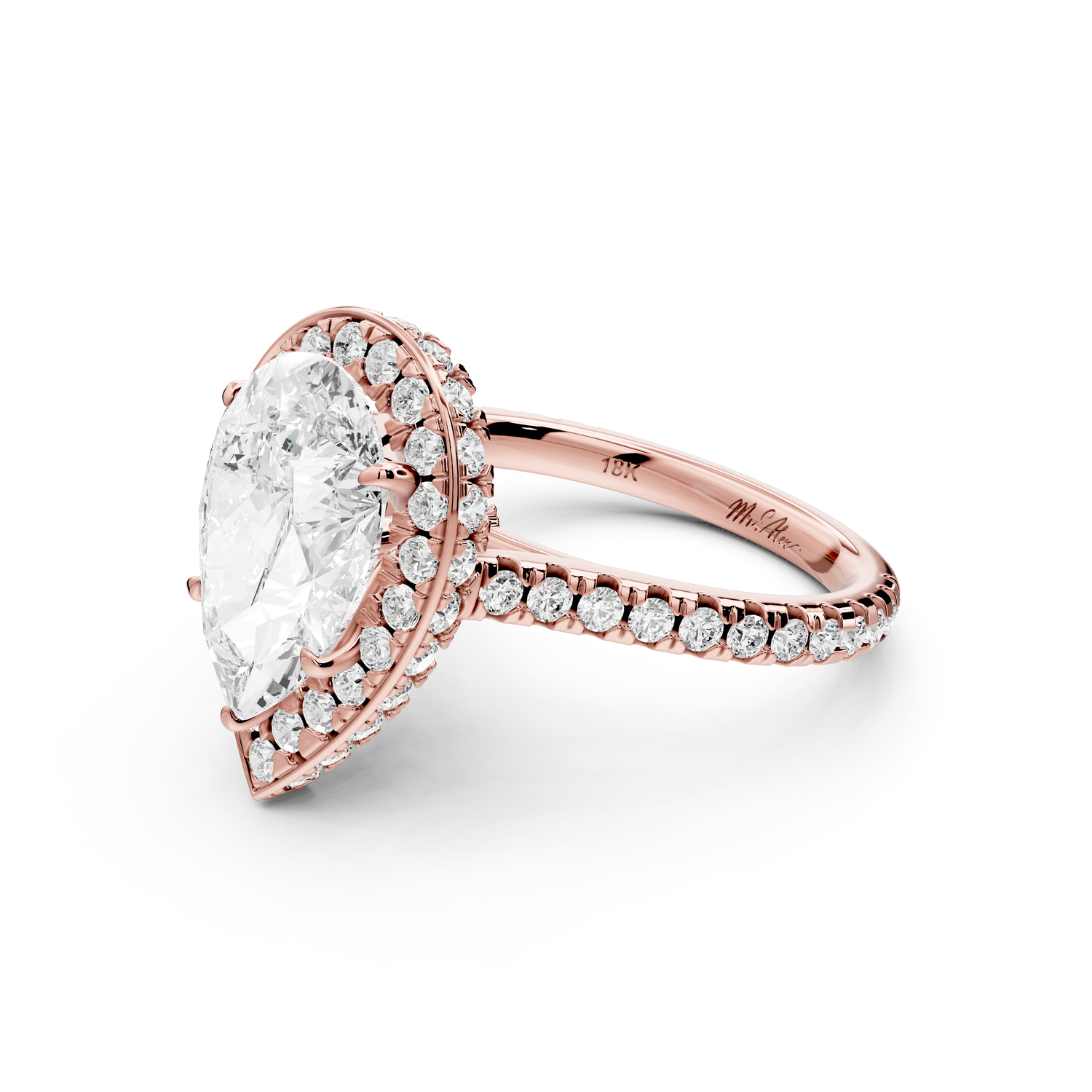 Beatrice - 3ct 14k rose gold pear stone in rollover halo with diamond bridge and pavé engagement ring