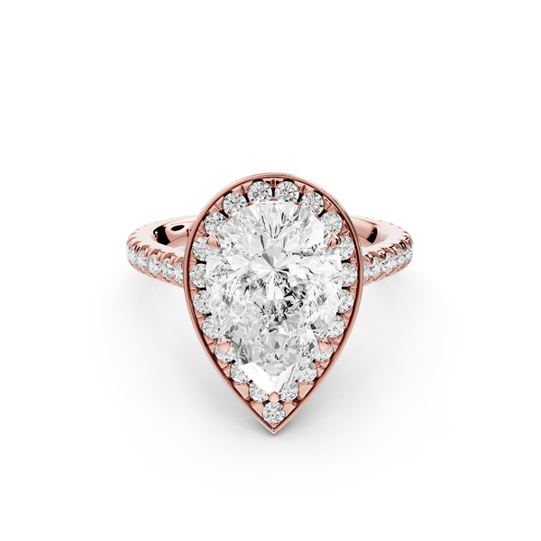 Beatrice - 3ct 14k rose gold pear stone in rollover halo with diamond bridge and pavé engagement ring