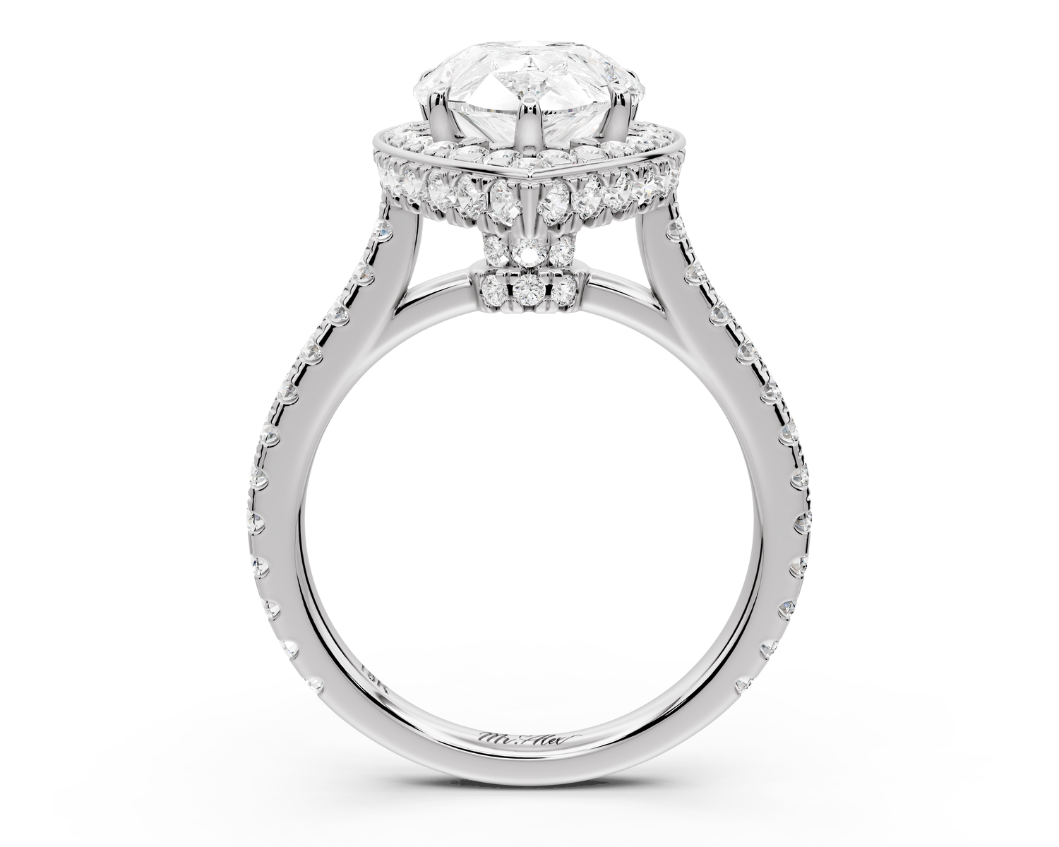 Beatrice - 3ct 14k white gold pear stone in rollover halo with diamond bridge and pavé engagement ring