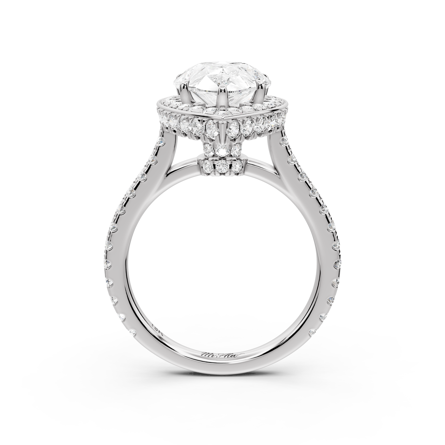 Beatrice - 3ct 14k white gold pear stone in rollover halo with diamond bridge and pavé engagement ring