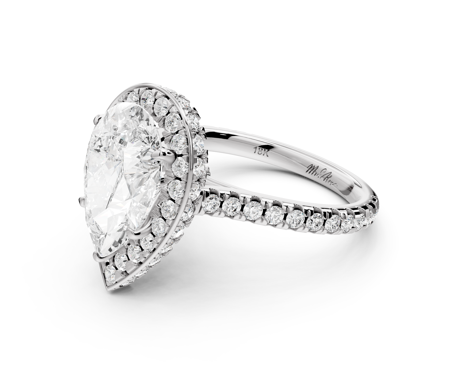 Beatrice - 3ct 14k white gold pear stone in rollover halo with diamond bridge and pavé engagement ring