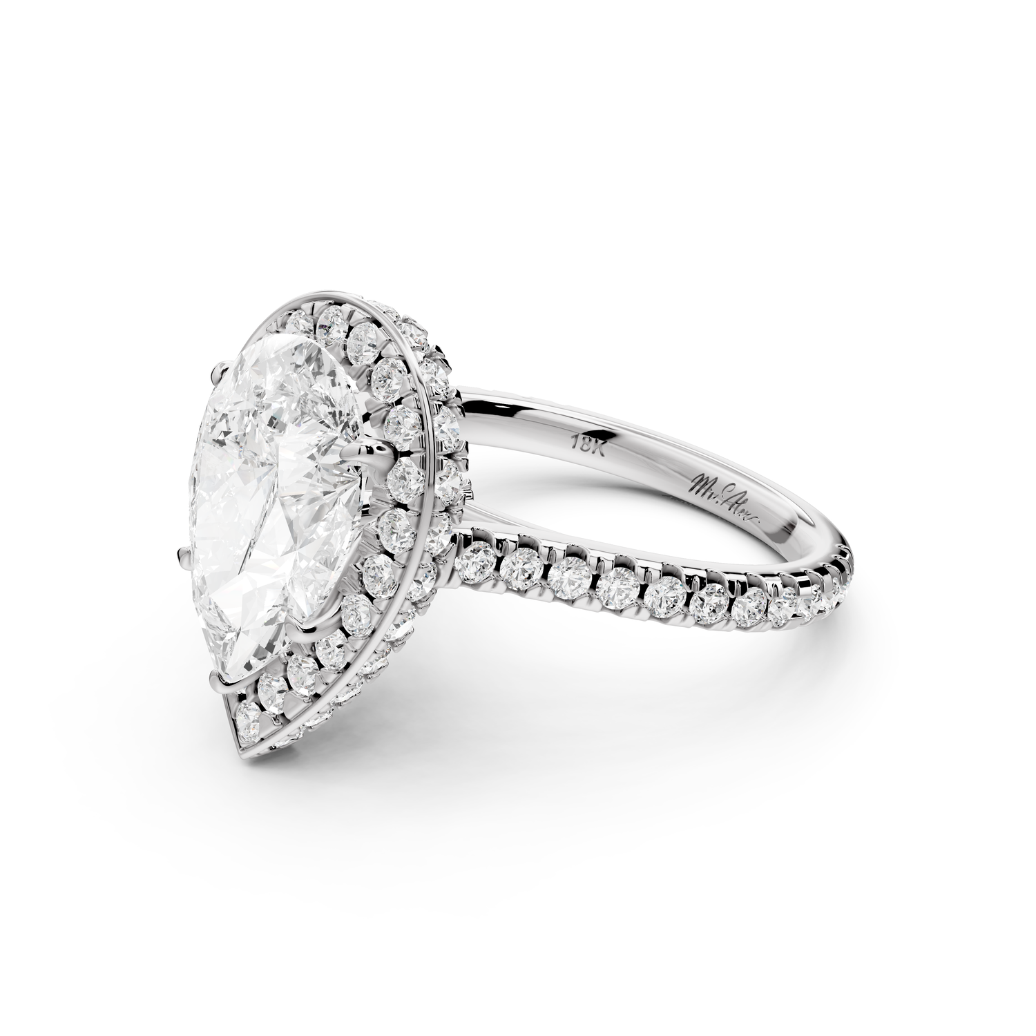 Beatrice - 3ct 14k white gold pear stone in rollover halo with diamond bridge and pavé engagement ring