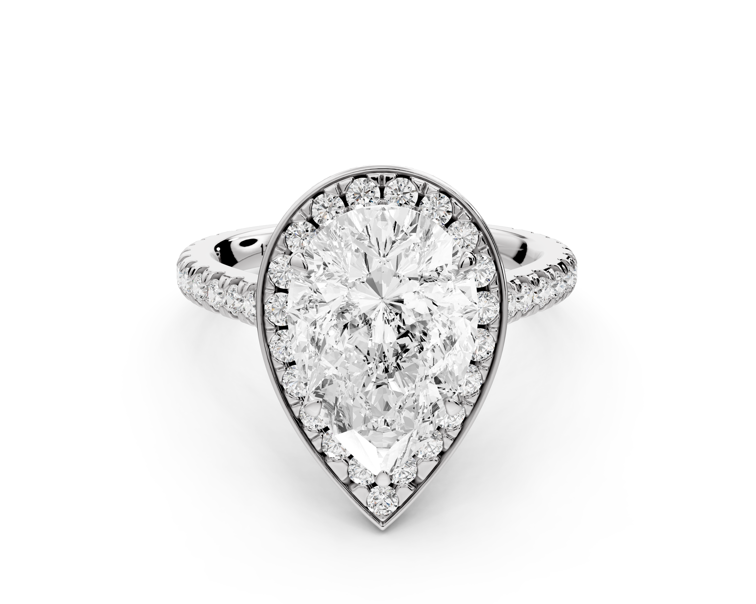 Beatrice - 3ct 14k white gold pear stone in rollover halo with diamond bridge and pavé engagement ring