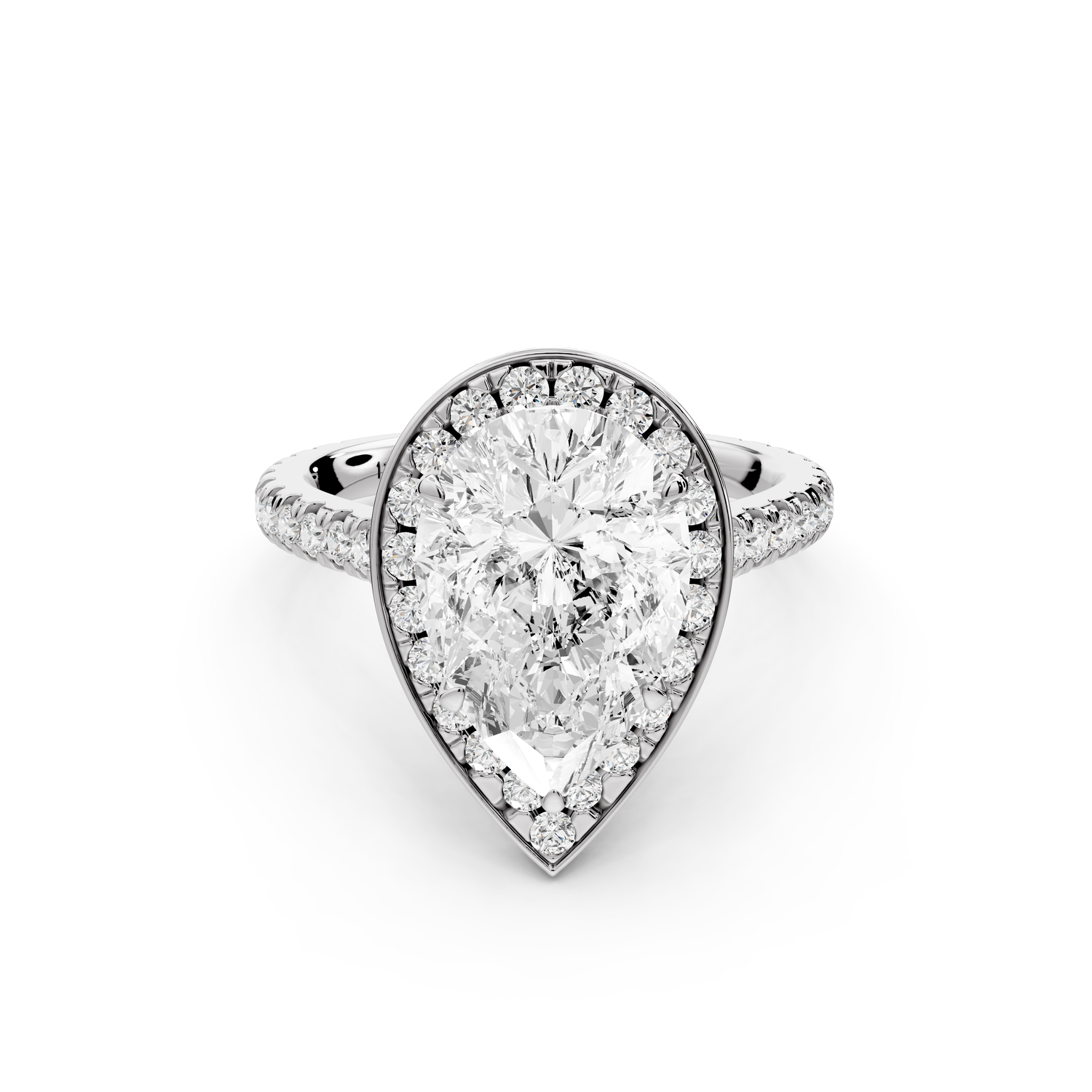 Beatrice - 3ct 14k white gold pear stone in rollover halo with diamond bridge and pavé engagement ring