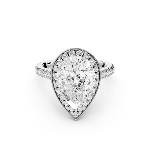 Beatrice - 3ct 14k white gold pear stone in rollover halo with diamond bridge and pavé engagement ring