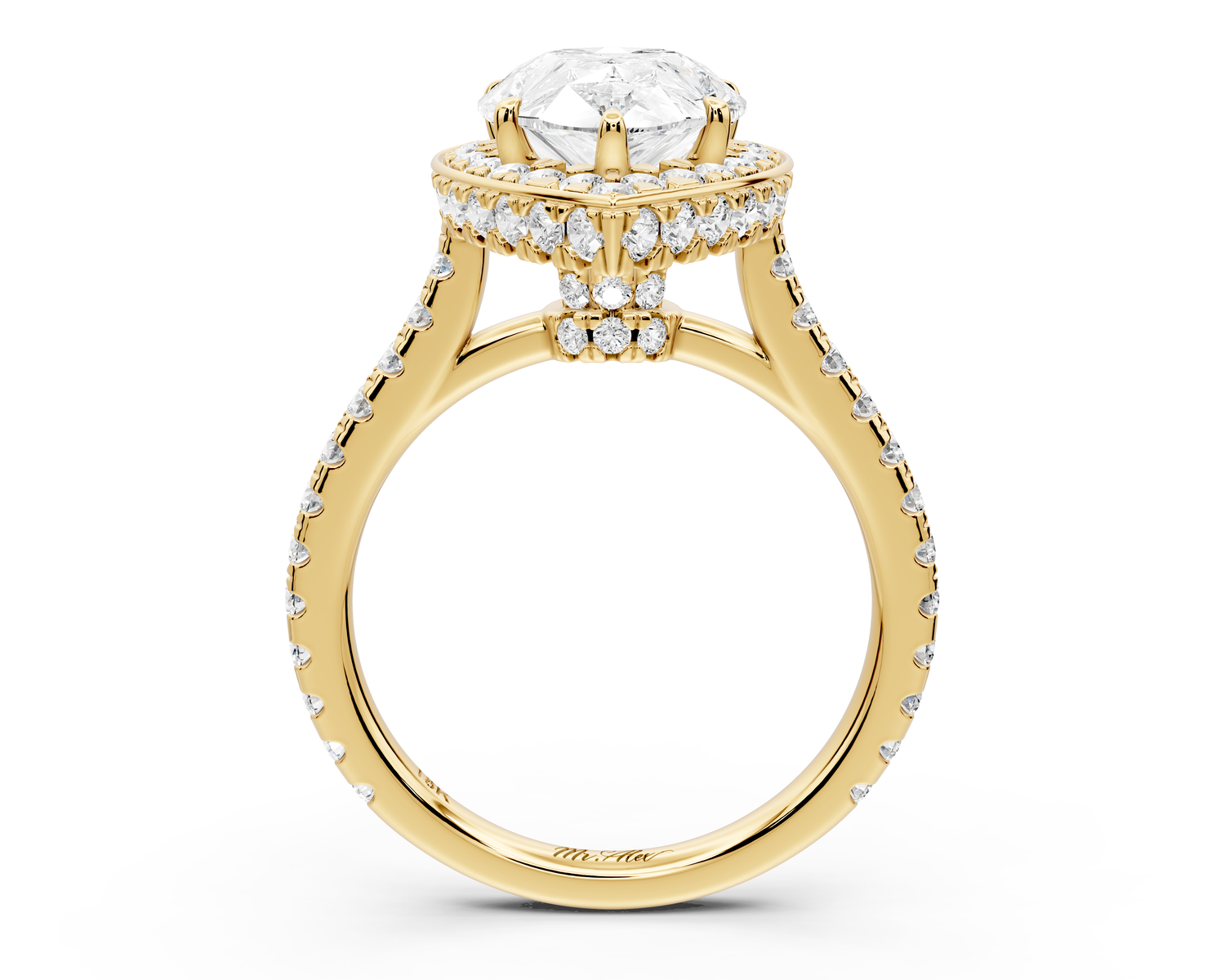 Beatrice - 3ct 14k yellow gold pear stone in rollover halo with diamond bridge and pavé engagement ring