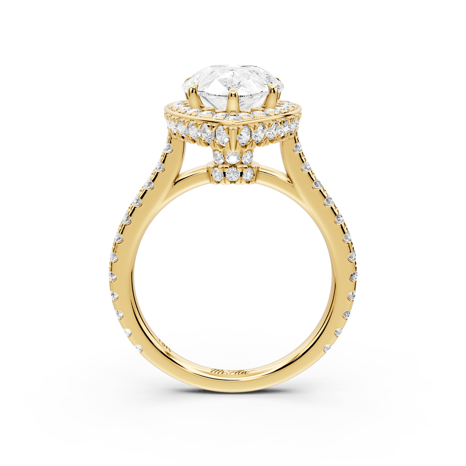 Beatrice - 3ct 14k yellow gold pear stone in rollover halo with diamond bridge and pavé engagement ring