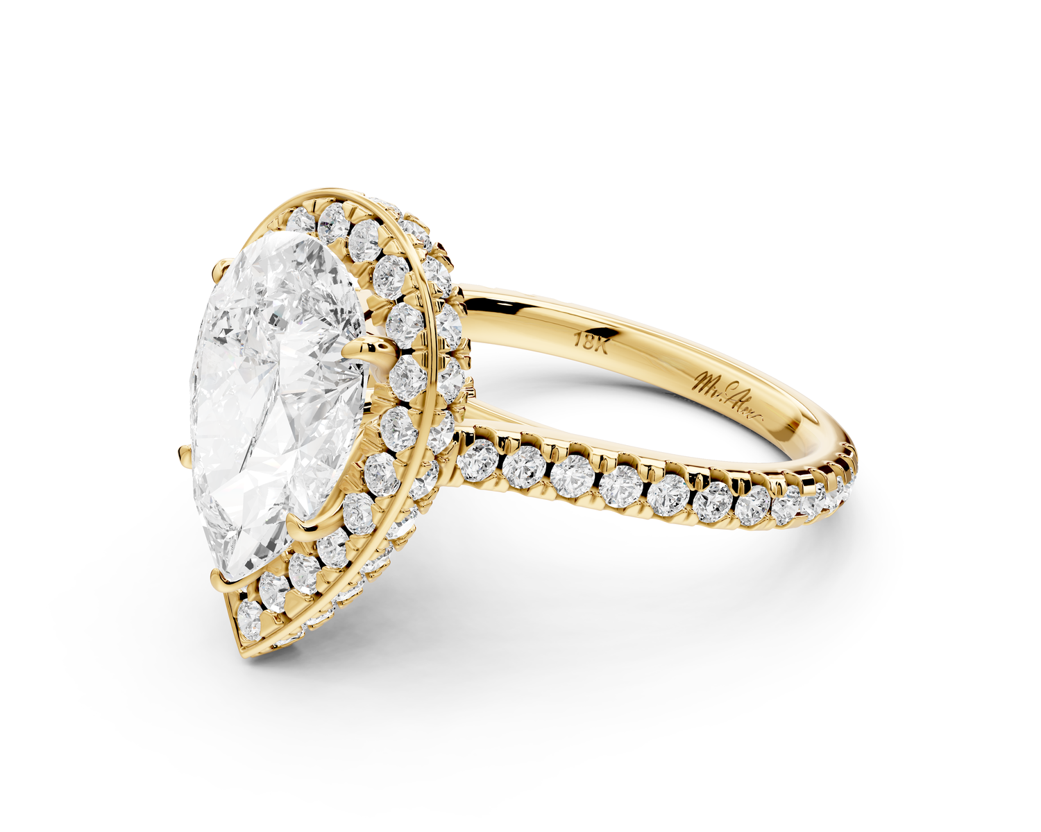Beatrice - 3ct 14k yellow gold pear stone in rollover halo with diamond bridge and pavé engagement ring