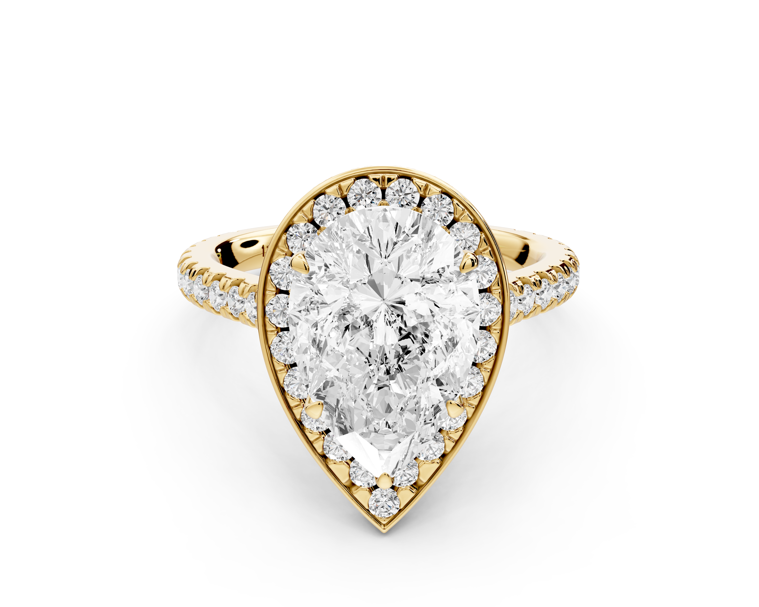 Beatrice - 3ct 14k yellow gold pear stone in rollover halo with diamond bridge and pavé engagement ring