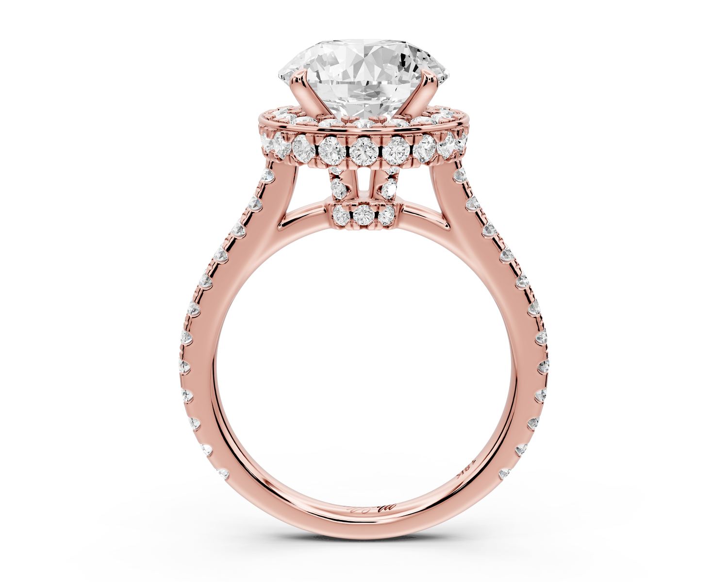 Beatrice - 3ct 18k rose gold round stone in rollover halo with diamond bridge and Pavé engagement ring