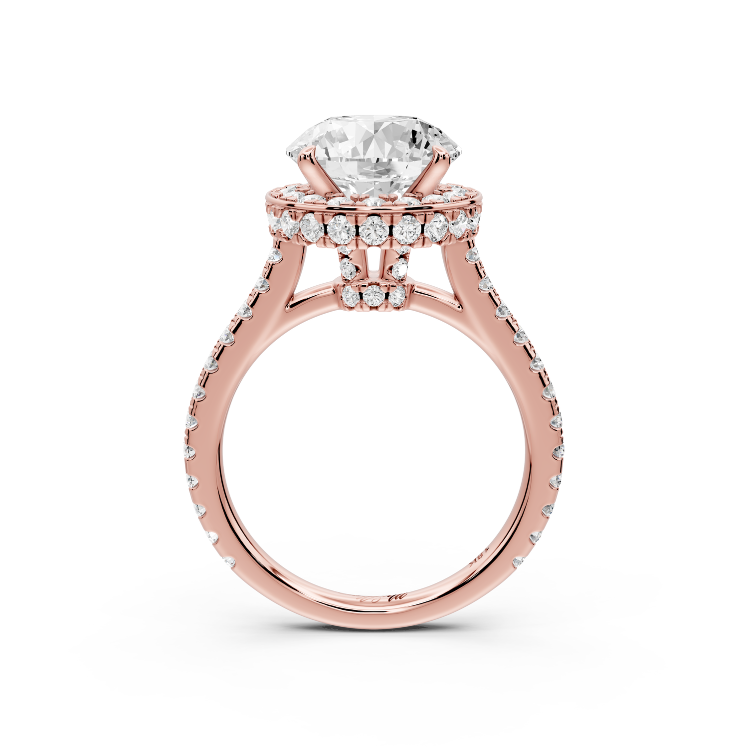 Beatrice - 3ct 18k rose gold round stone in rollover halo with diamond bridge and Pavé engagement ring