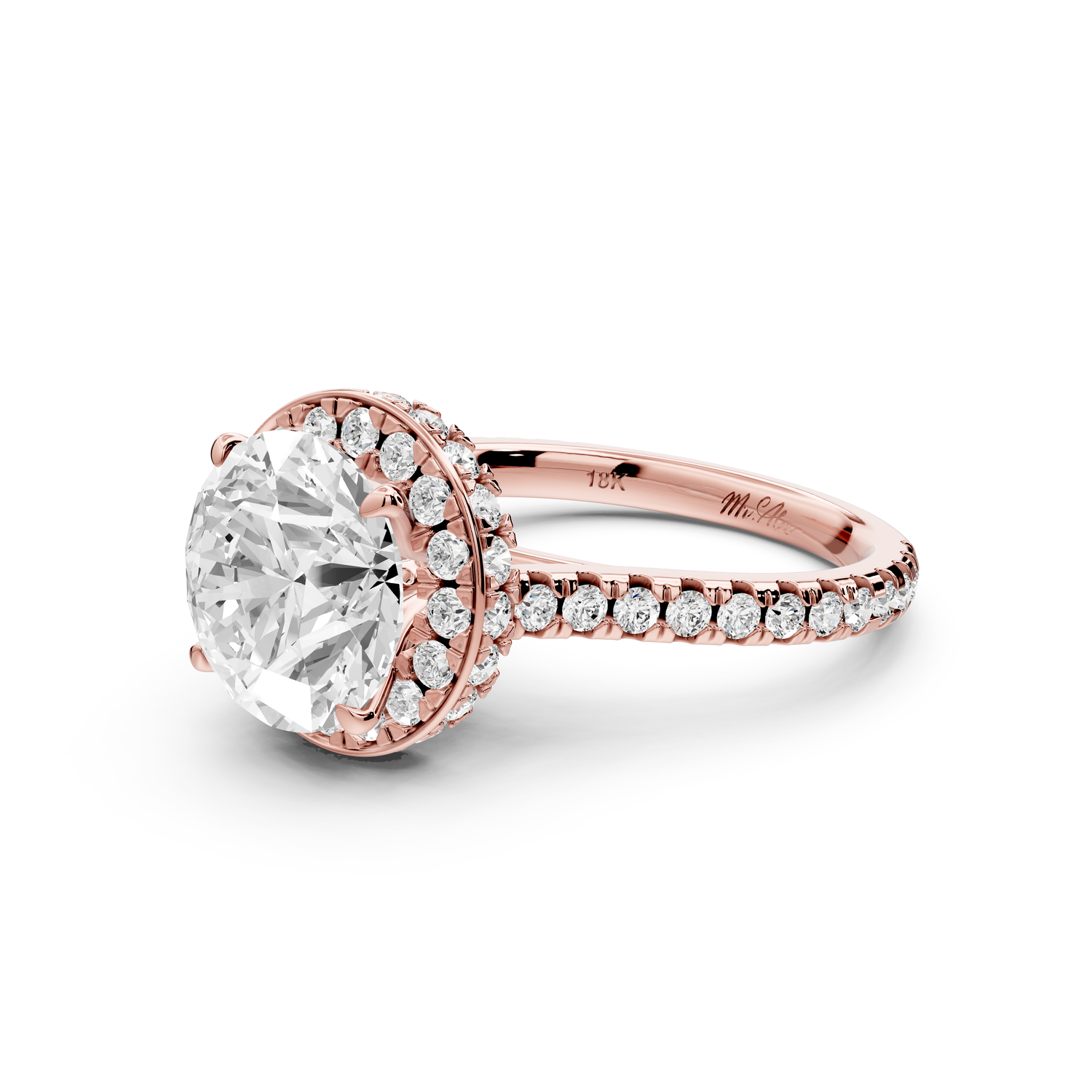 Beatrice - 3ct 14k rose gold round stone in rollover halo with diamond bridge and Pavé engagement ring
