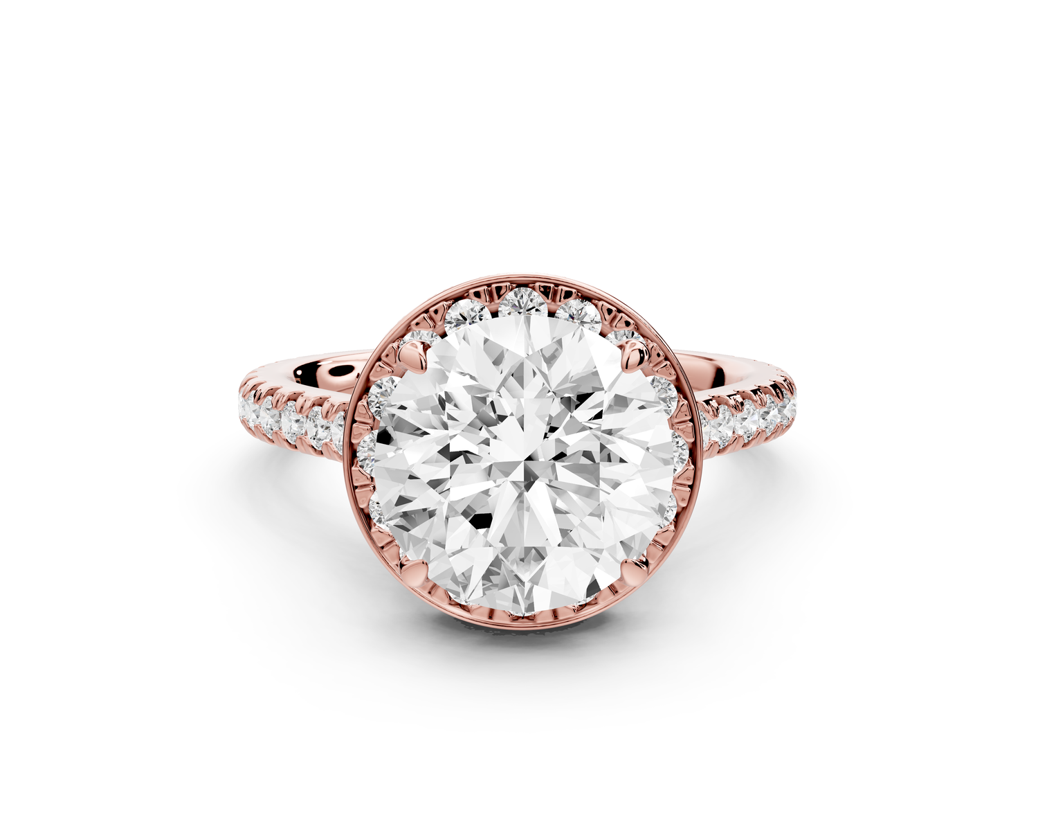 Beatrice - 3ct 14k rose gold round stone in rollover halo with diamond bridge and Pavé engagement ring