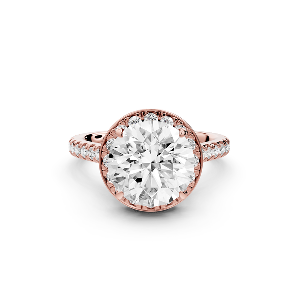 Beatrice - 3ct 14k rose gold round stone in rollover halo with diamond bridge and Pavé engagement ring