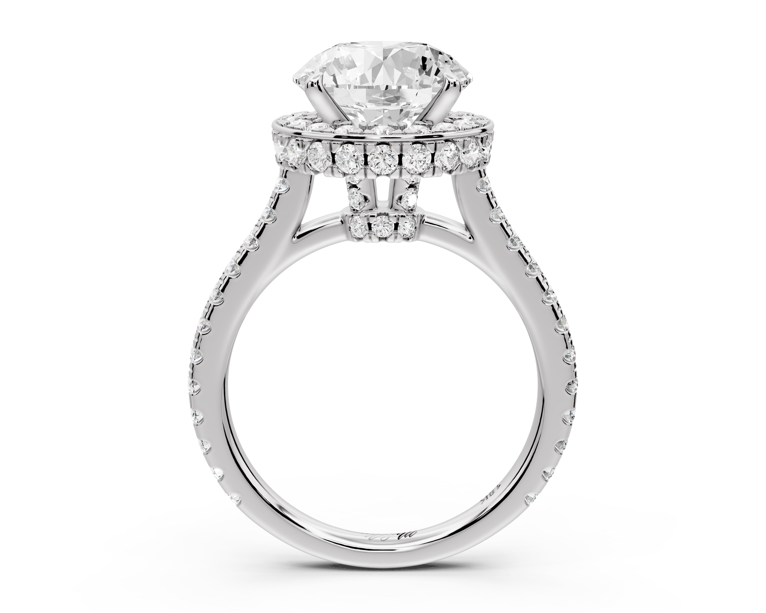 Beatrice - 3ct 14k white gold round stone in rollover halo with diamond bridge and Pavé engagement ring