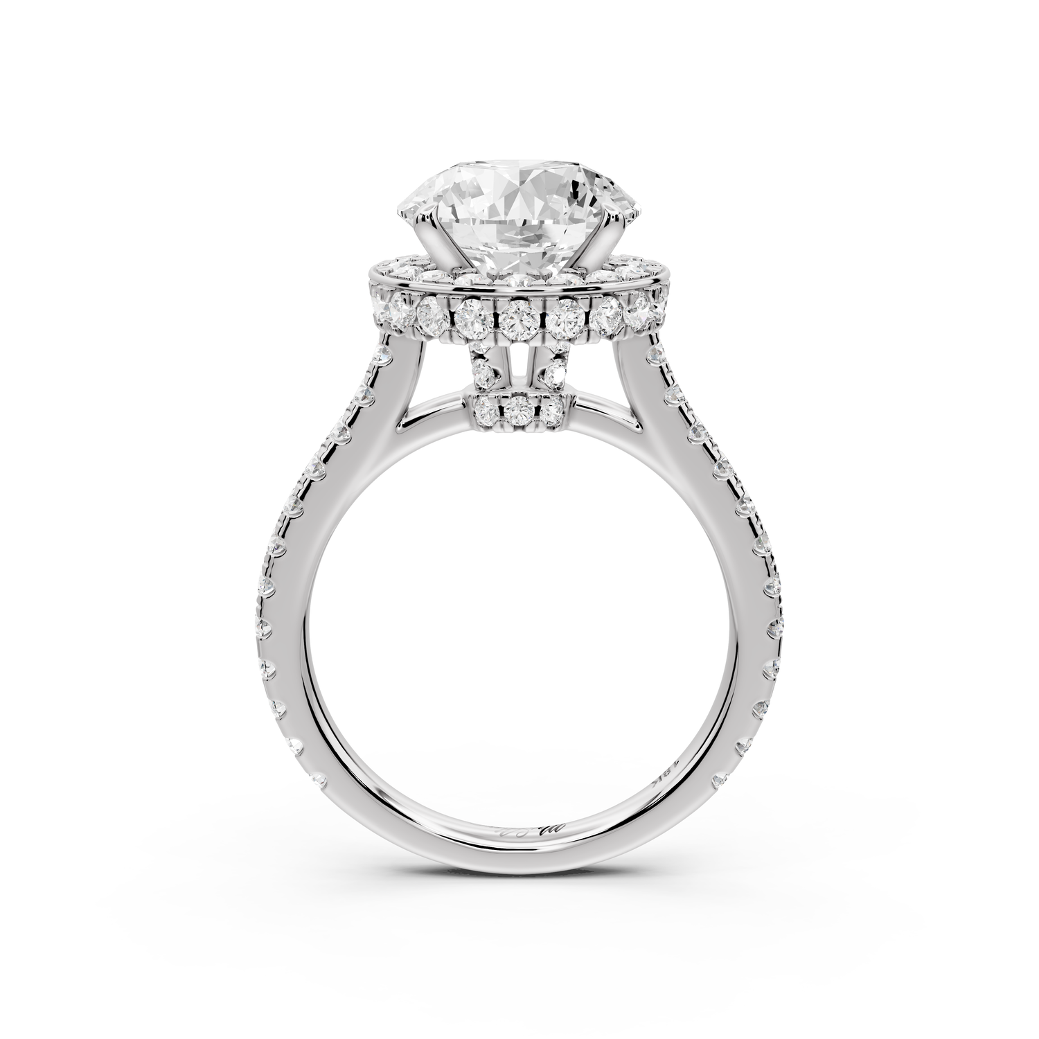 Beatrice - 3ct 14k white gold round stone in rollover halo with diamond bridge and Pavé engagement ring