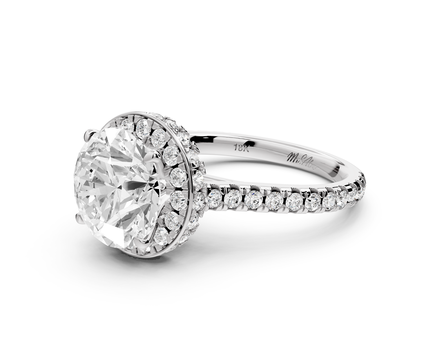 Beatrice - 3ct 14k white gold round stone in rollover halo with diamond bridge and Pavé engagement ring