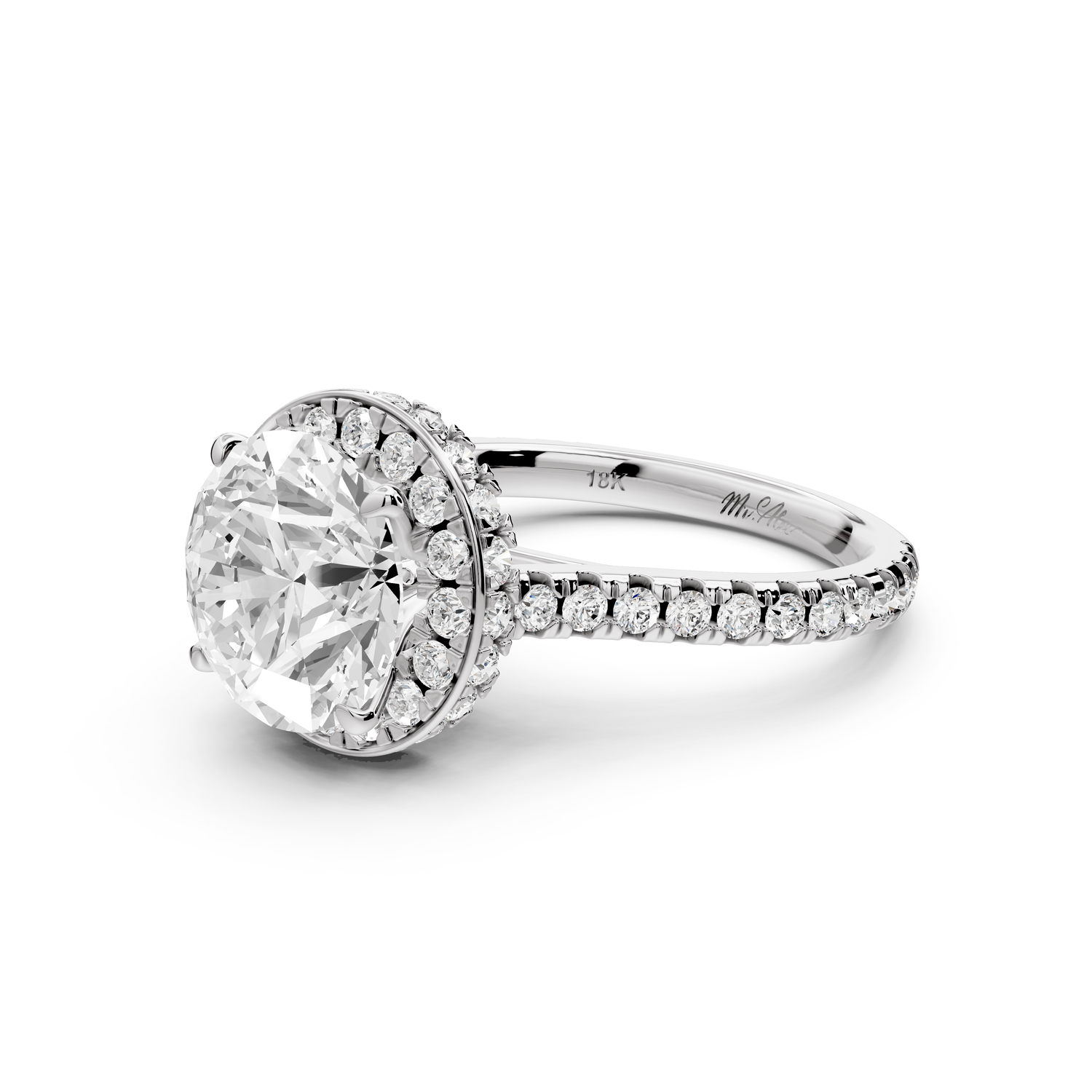 Beatrice - 3ct 14k white gold round stone in rollover halo with diamond bridge and Pavé engagement ring