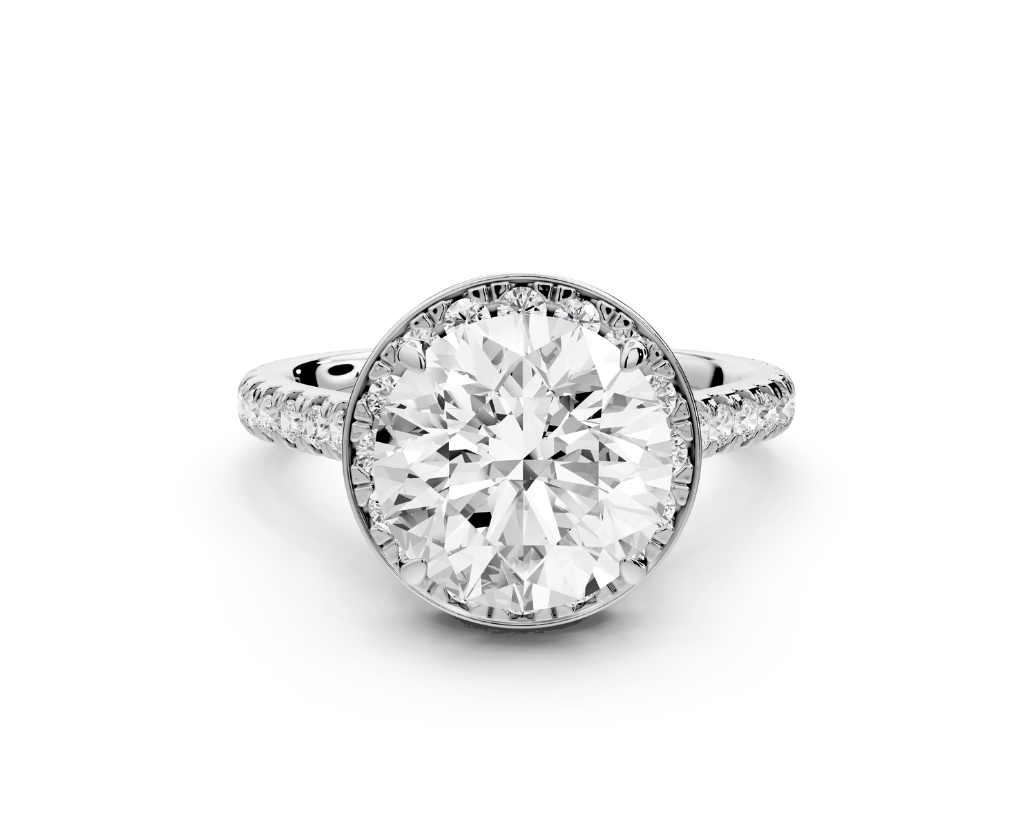 Beatrice - 3ct 14k white gold round stone in rollover halo with diamond bridge and Pavé engagement ring