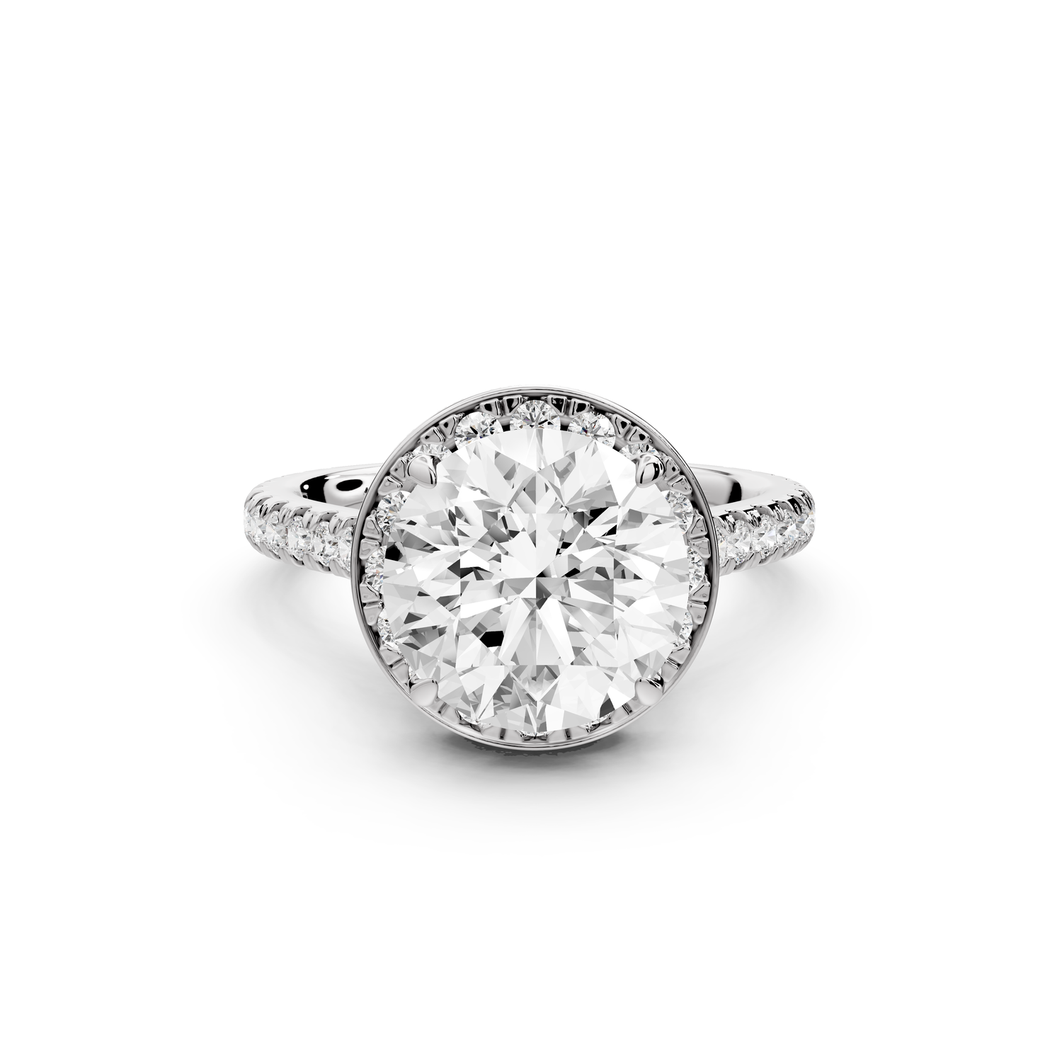 Beatrice - 3ct 14k white gold round stone in rollover halo with diamond bridge and Pavé engagement ring