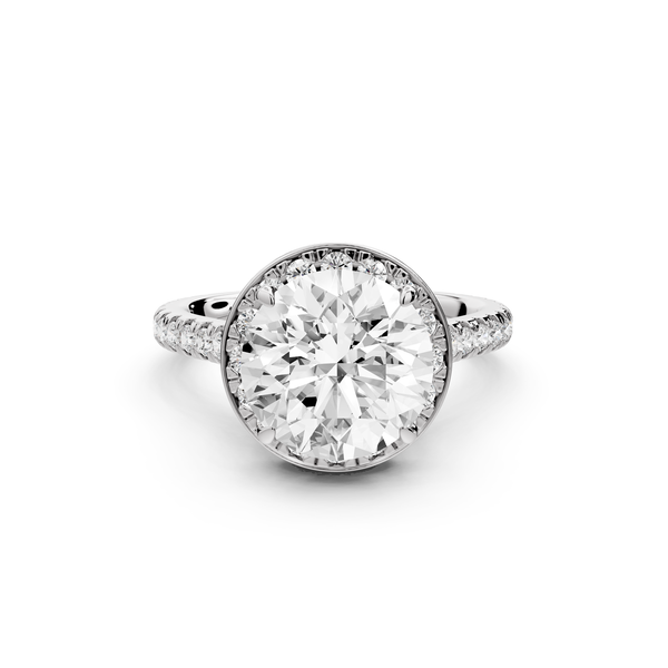 Beatrice - 3ct 14k white gold round stone in rollover halo with diamond bridge and Pavé engagement ring