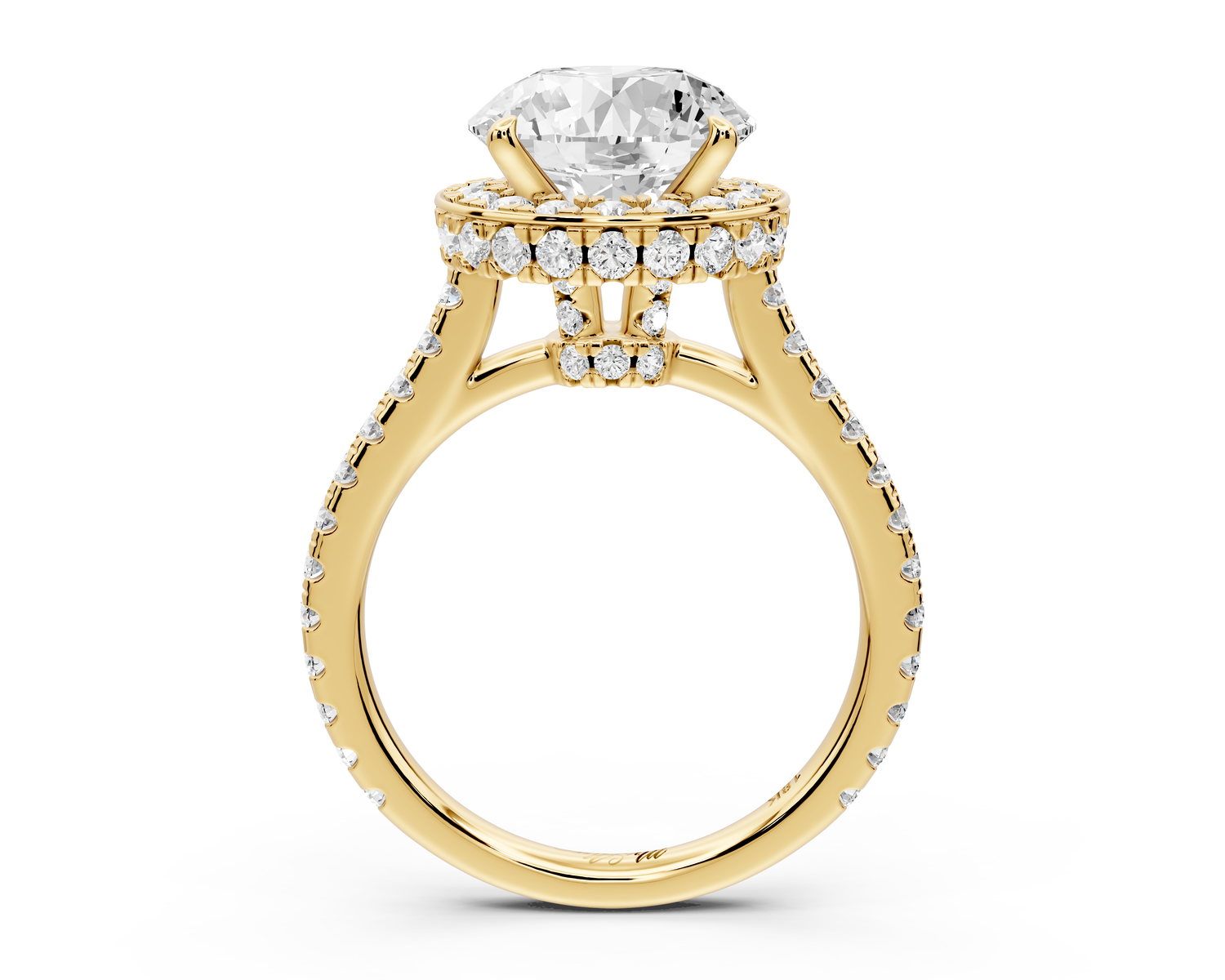 Beatrice - 3ct 14k yellow gold round stone in rollover halo with diamond bridge and Pavé engagement ring