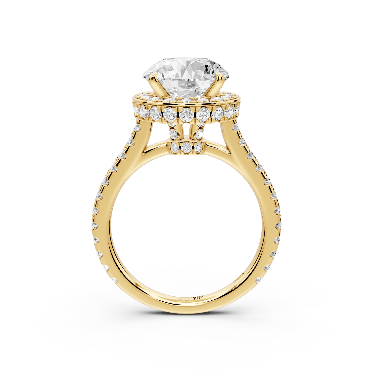 Beatrice - 3ct 14k yellow gold round stone in rollover halo with diamond bridge and Pavé engagement ring