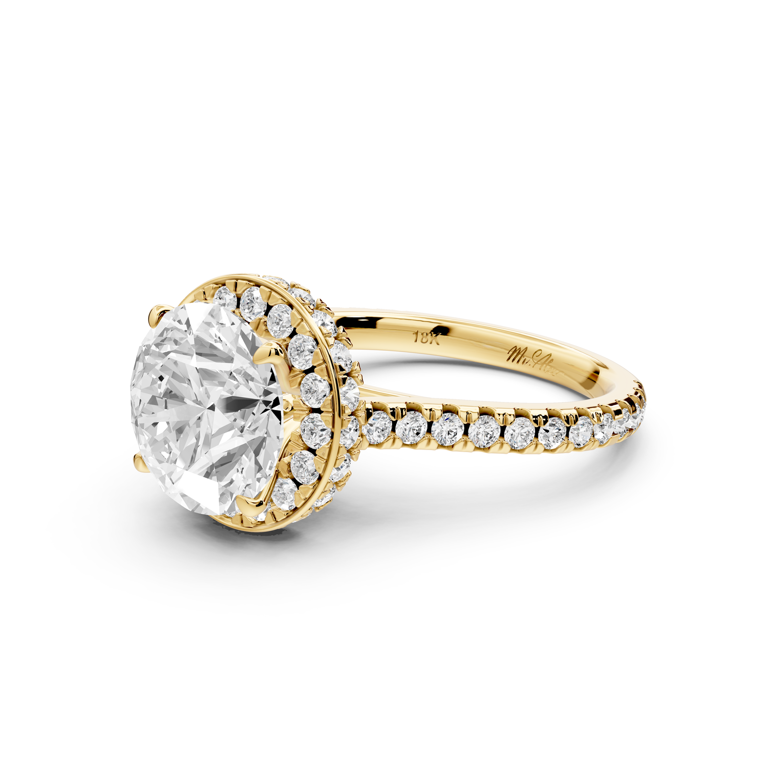 Beatrice - 3ct 14k yellow gold round stone in rollover halo with diamond bridge and Pavé engagement ring