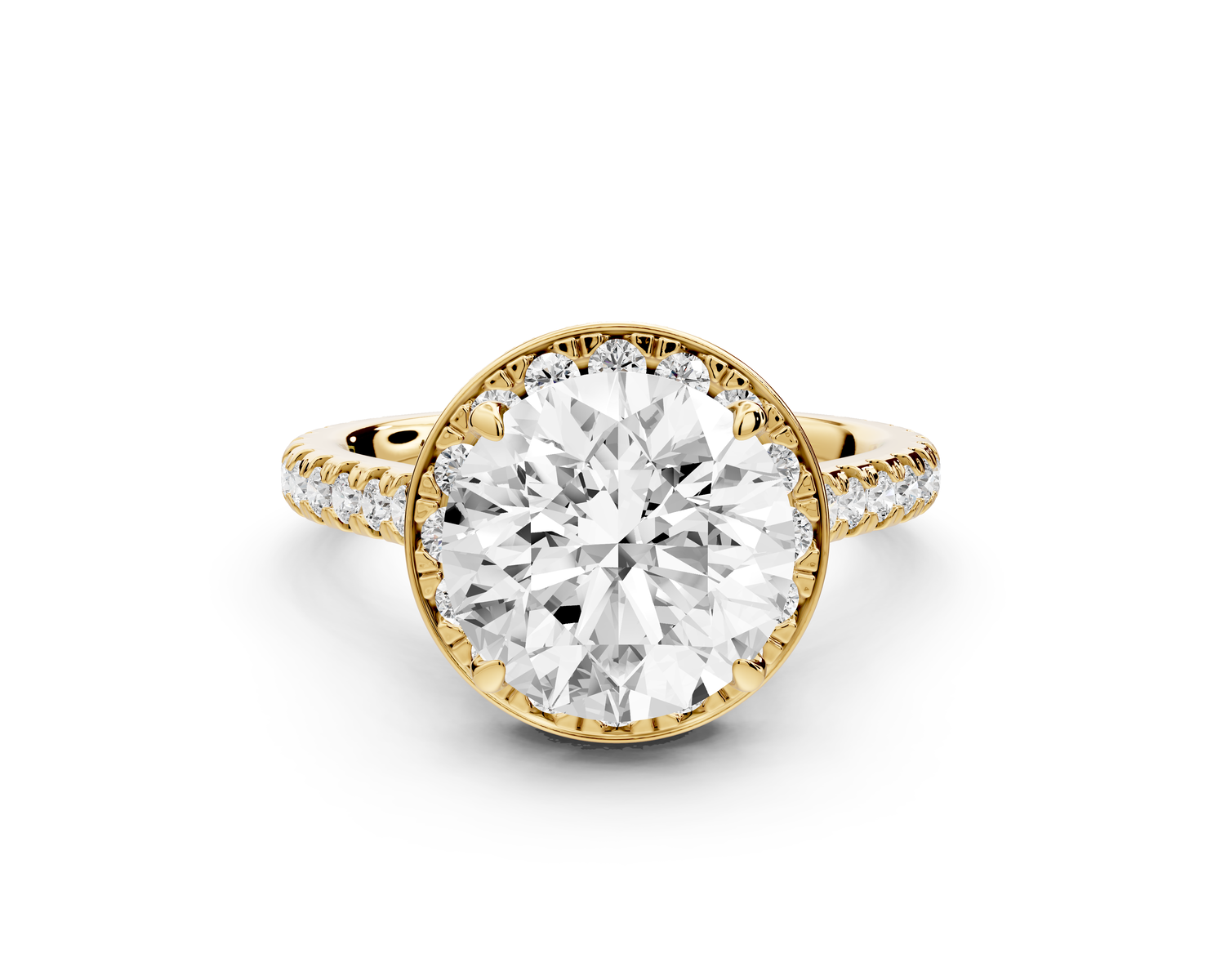 Beatrice - 3ct 14k yellow gold round stone in rollover halo with diamond bridge and Pavé engagement ring
