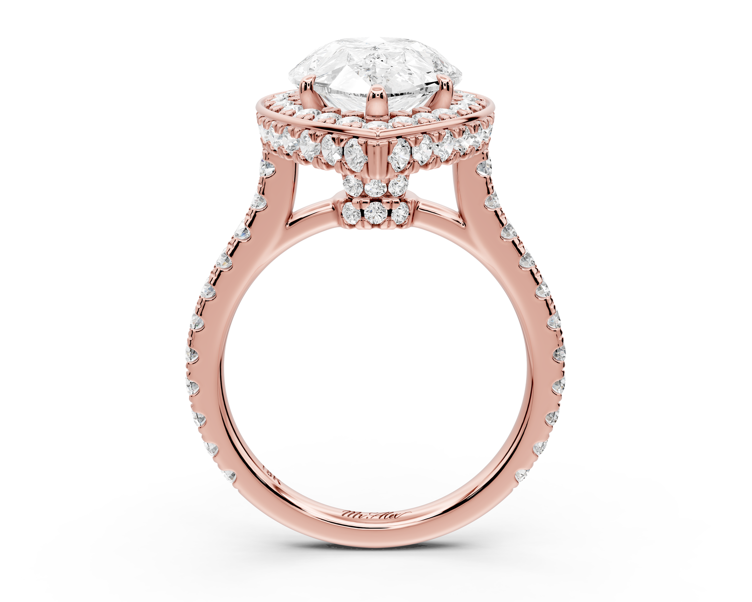 Beatrice - 4ct 14k rose gold pear stone in rollover halo with diamond bridge and pavé engagement ring