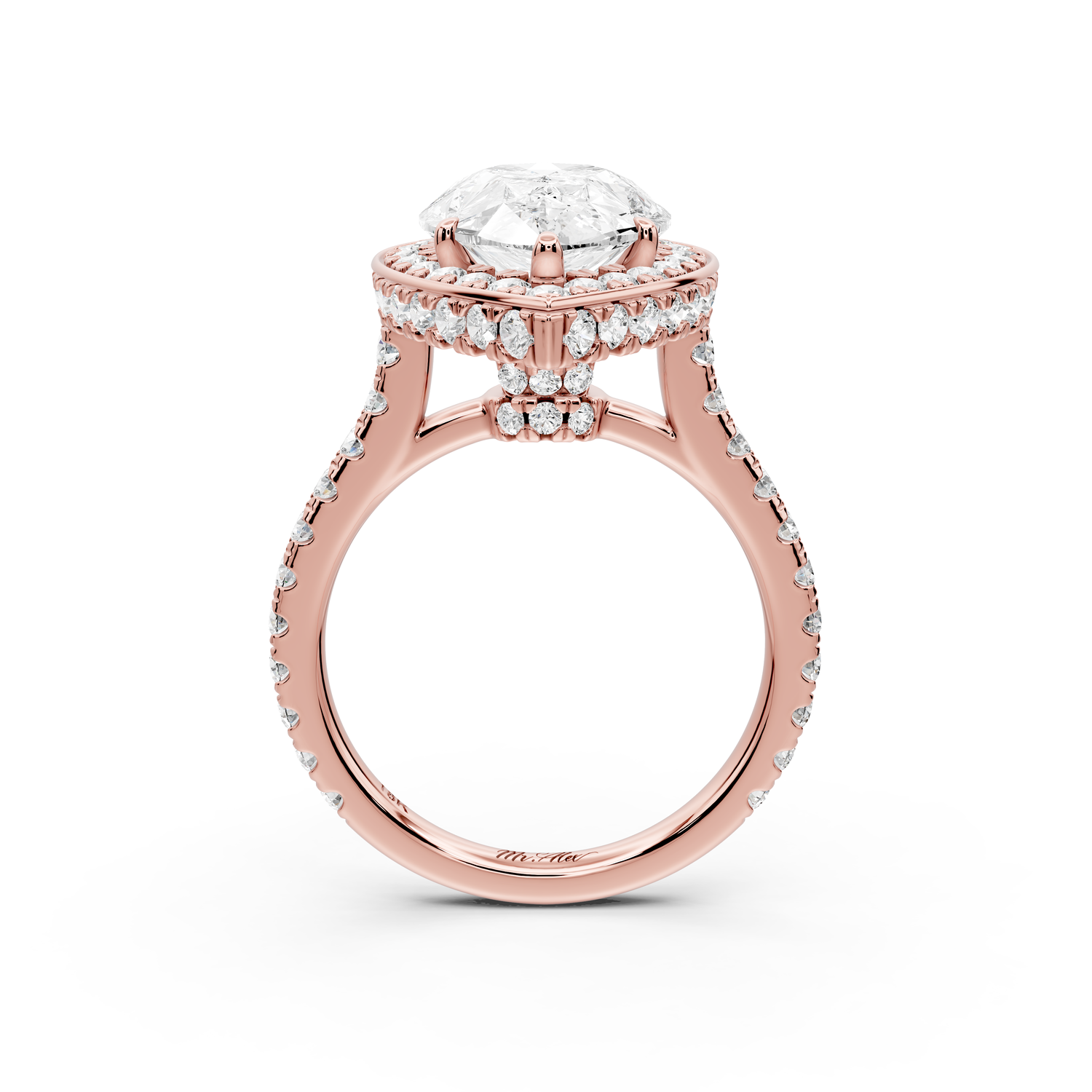 Beatrice - 4ct 14k rose gold pear stone in rollover halo with diamond bridge and pavé engagement ring