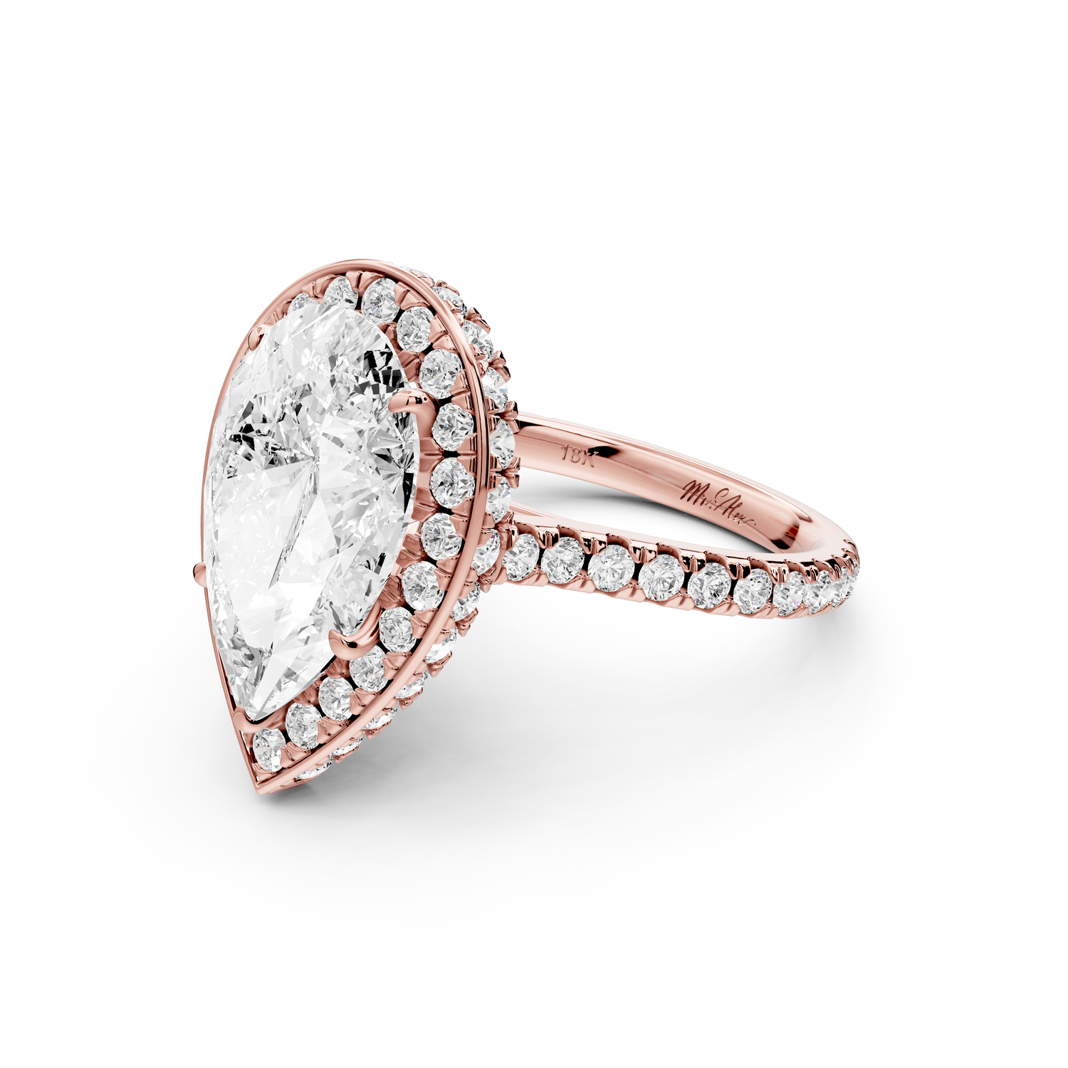 Beatrice - 4ct 14k rose gold pear stone in rollover halo with diamond bridge and pavé engagement ring