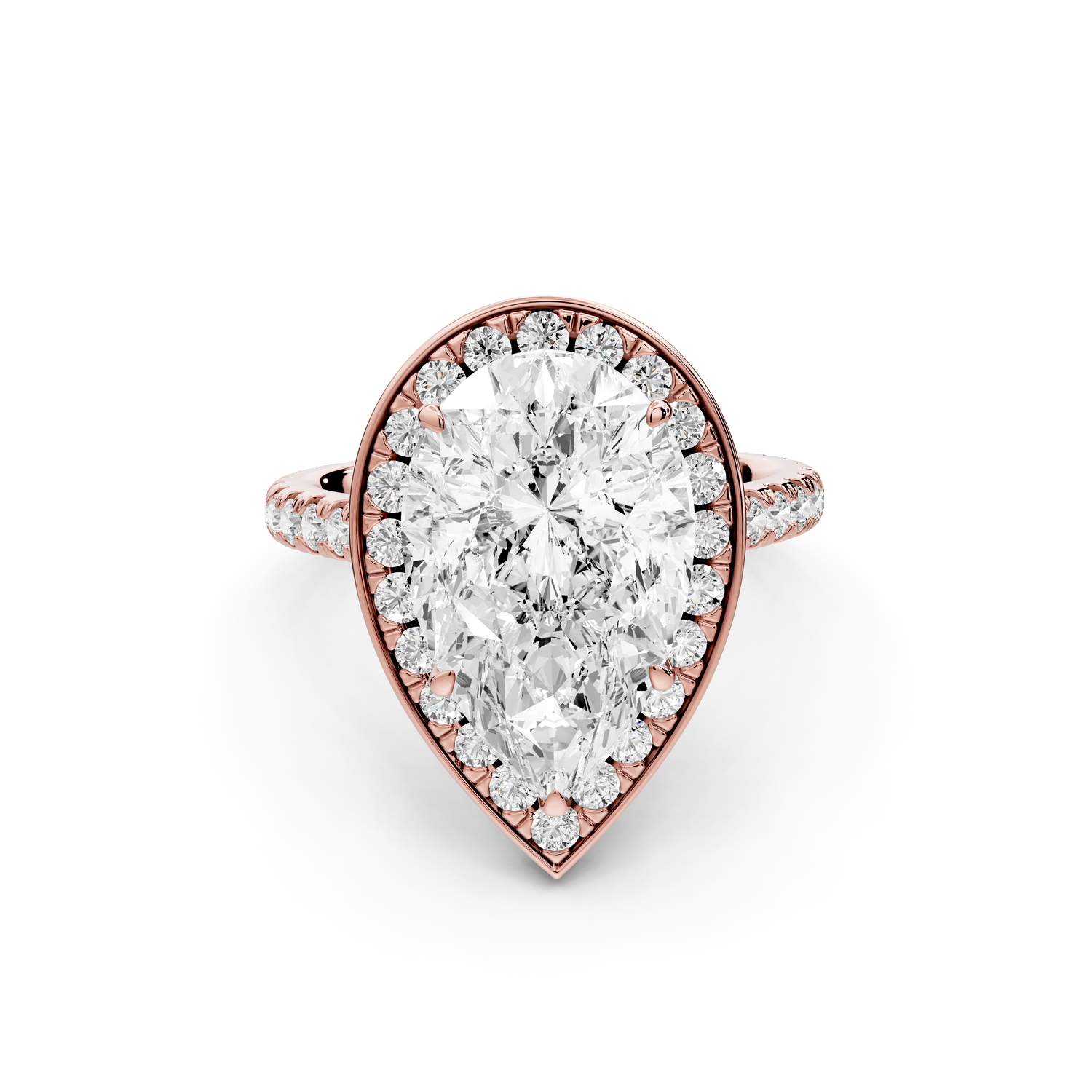 Beatrice - 4ct 14k rose gold pear stone in rollover halo with diamond bridge and pavé engagement ring