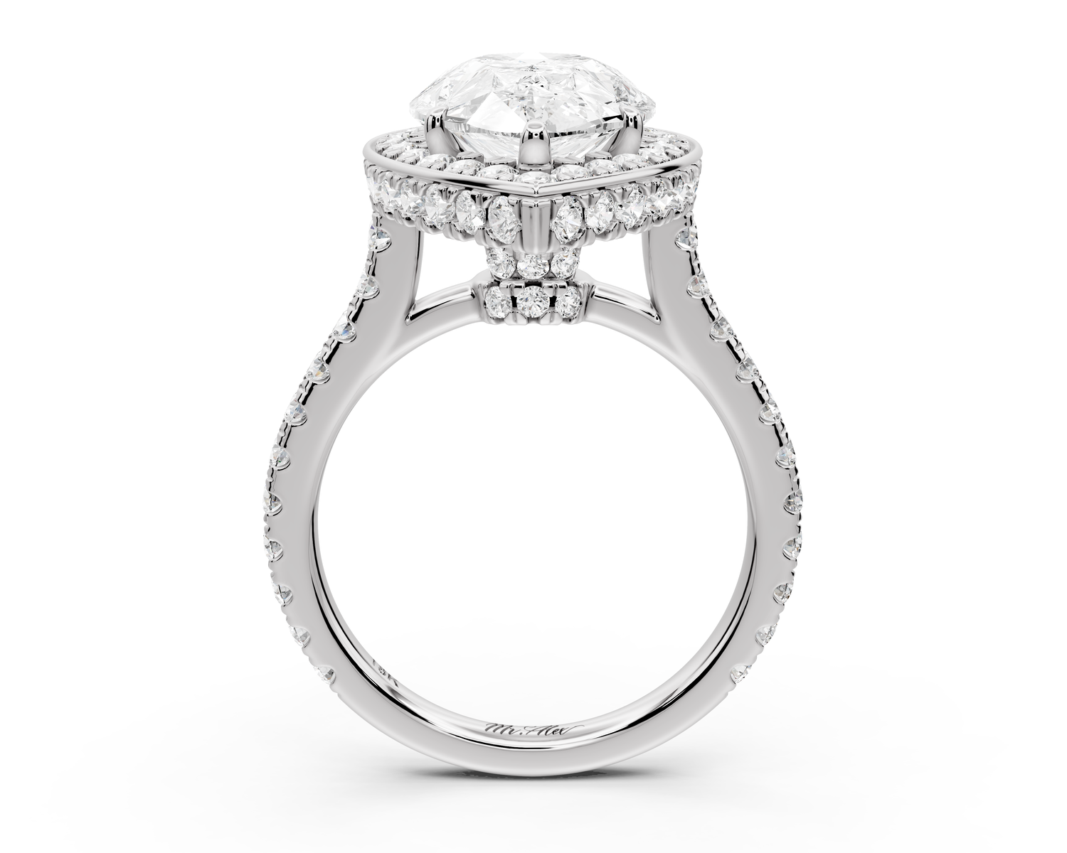 Beatrice - 4ct 14k white gold pear stone in rollover halo with diamond bridge and pavé engagement ring