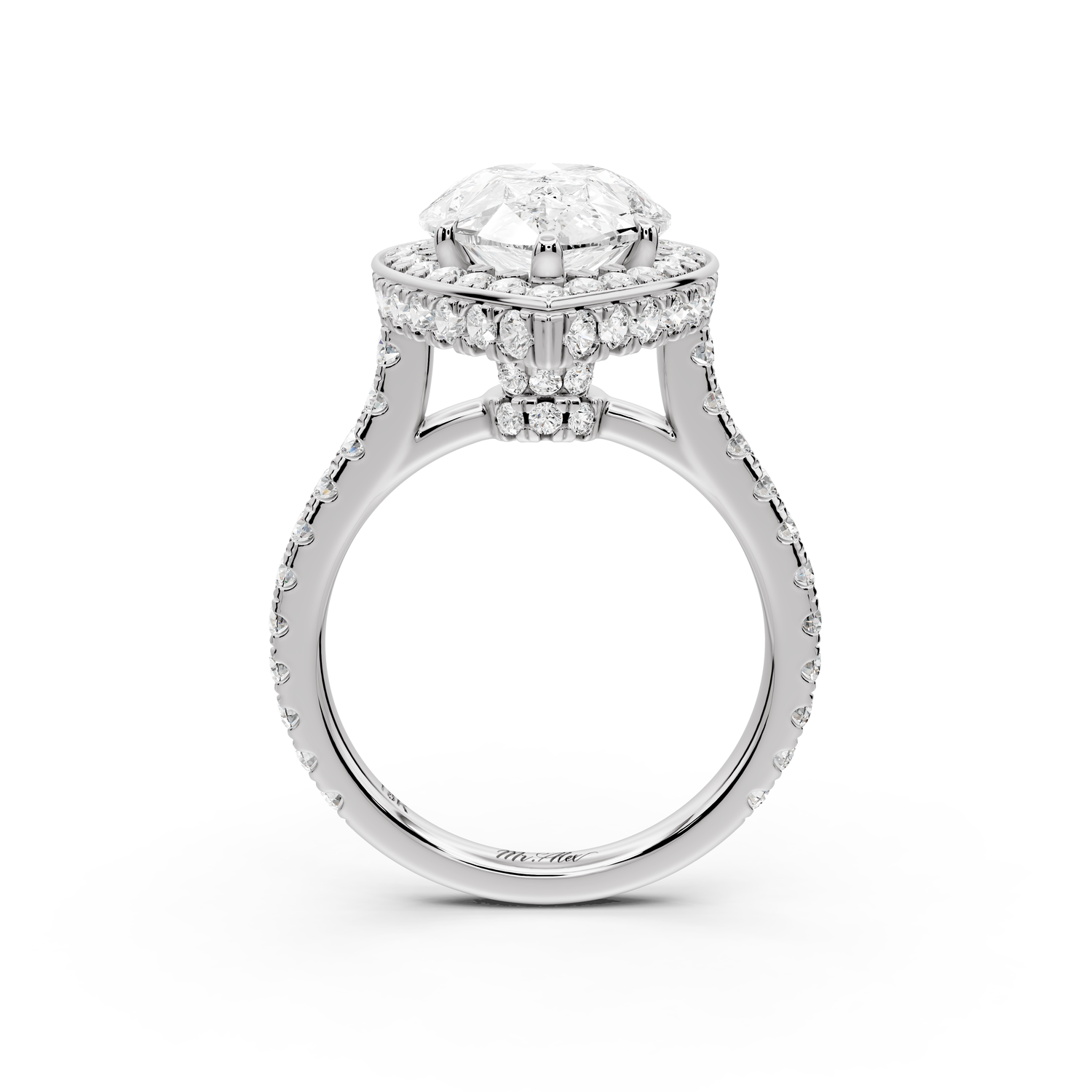 Beatrice - 4ct 14k white gold pear stone in rollover halo with diamond bridge and pavé engagement ring