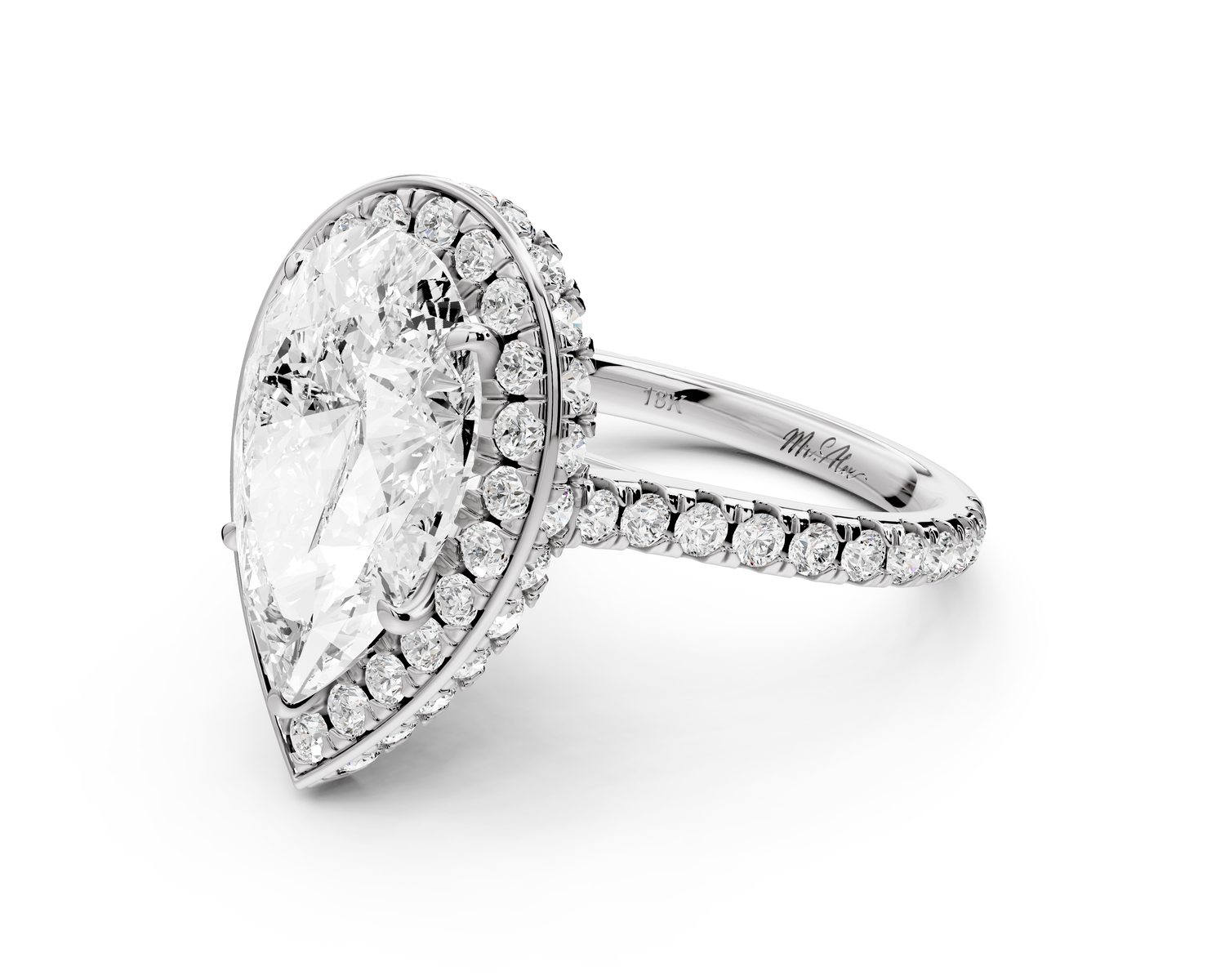 Beatrice - 4ct 14k white gold pear stone in rollover halo with diamond bridge and pavé engagement ring