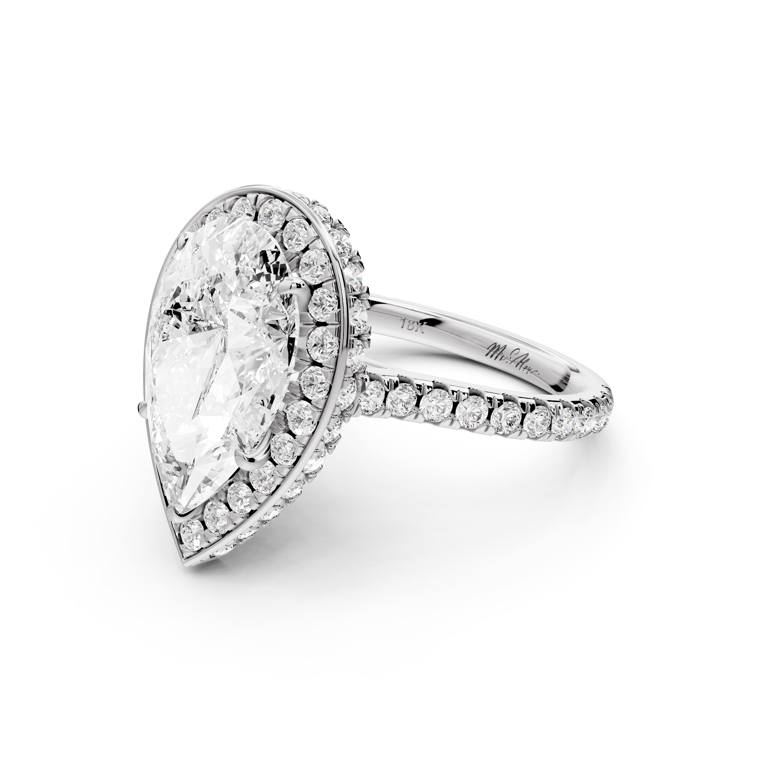 Beatrice - 4ct 14k white gold pear stone in rollover halo with diamond bridge and pavé engagement ring