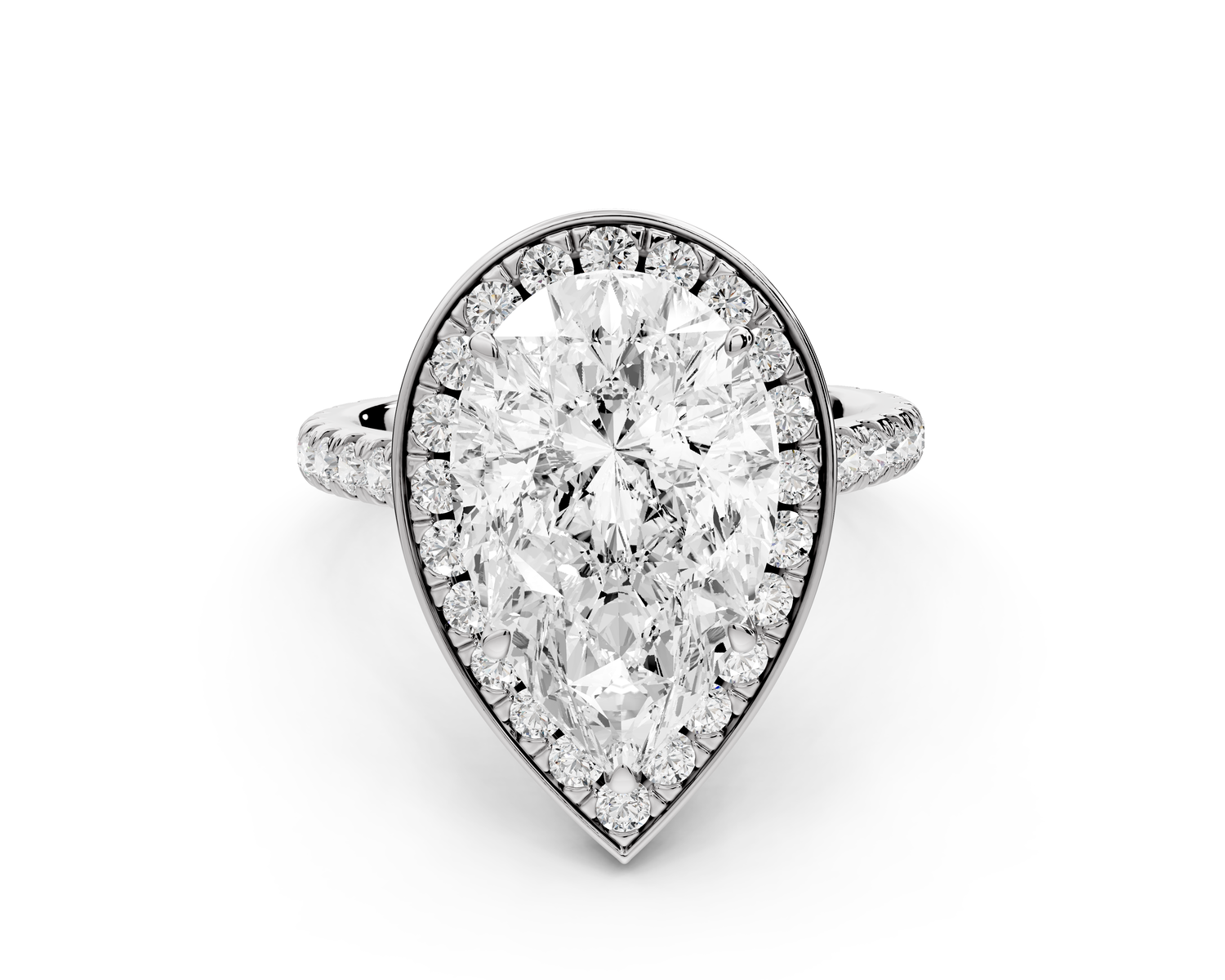 Beatrice - 4ct 14k white gold pear stone in rollover halo with diamond bridge and pavé engagement ring