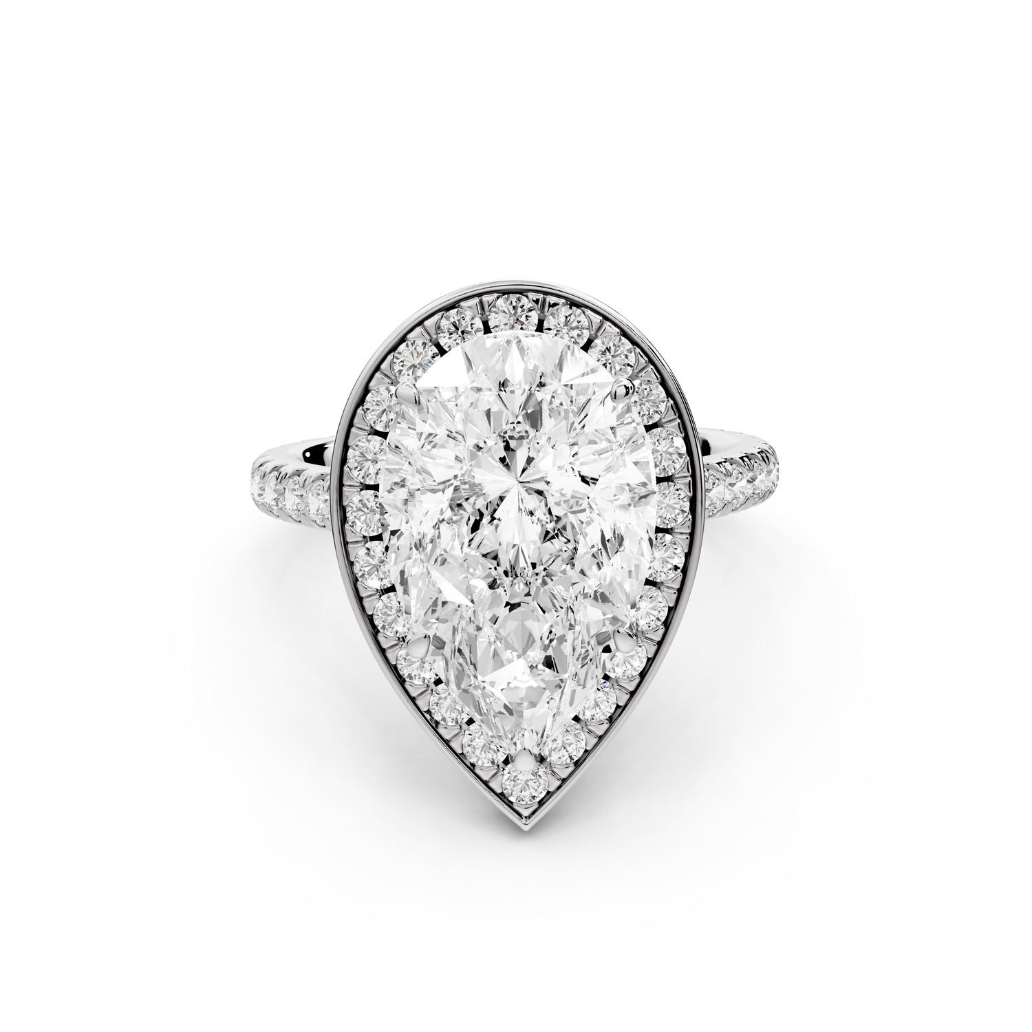 Beatrice - 4ct 14k white gold pear stone in rollover halo with diamond bridge and pavé engagement ring