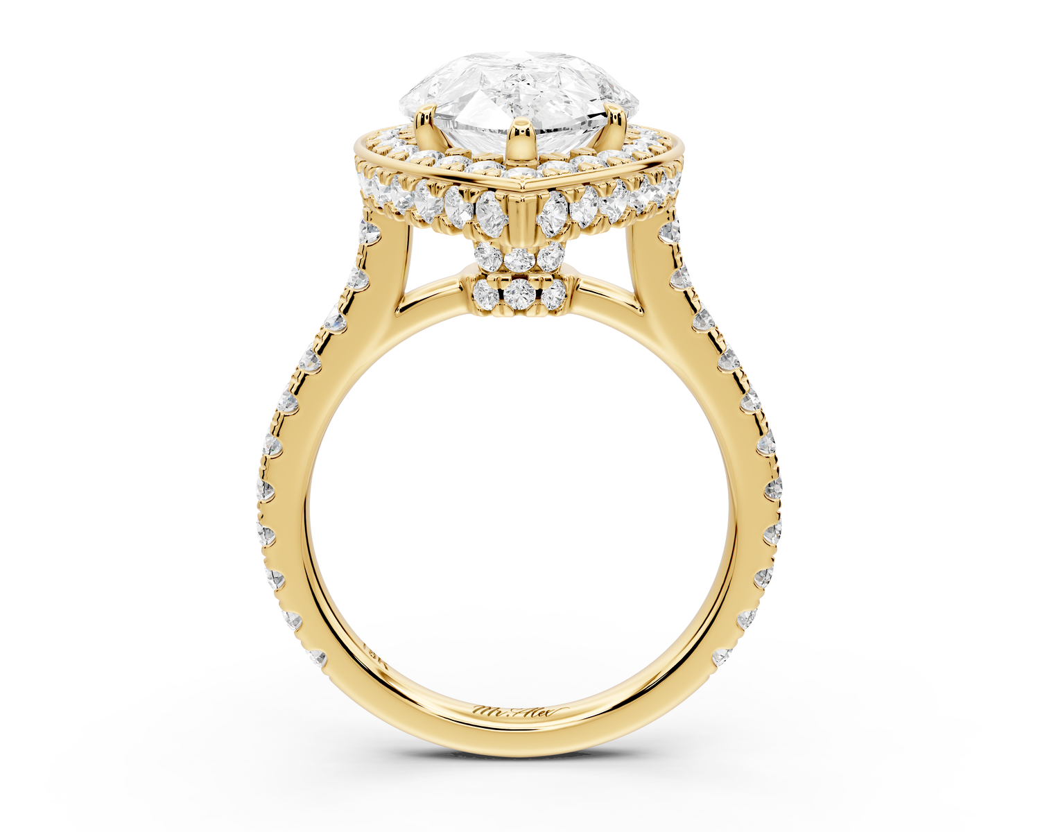 Beatrice - 4ct 14k yellow gold pear stone in rollover halo with diamond bridge and pavé engagement ring