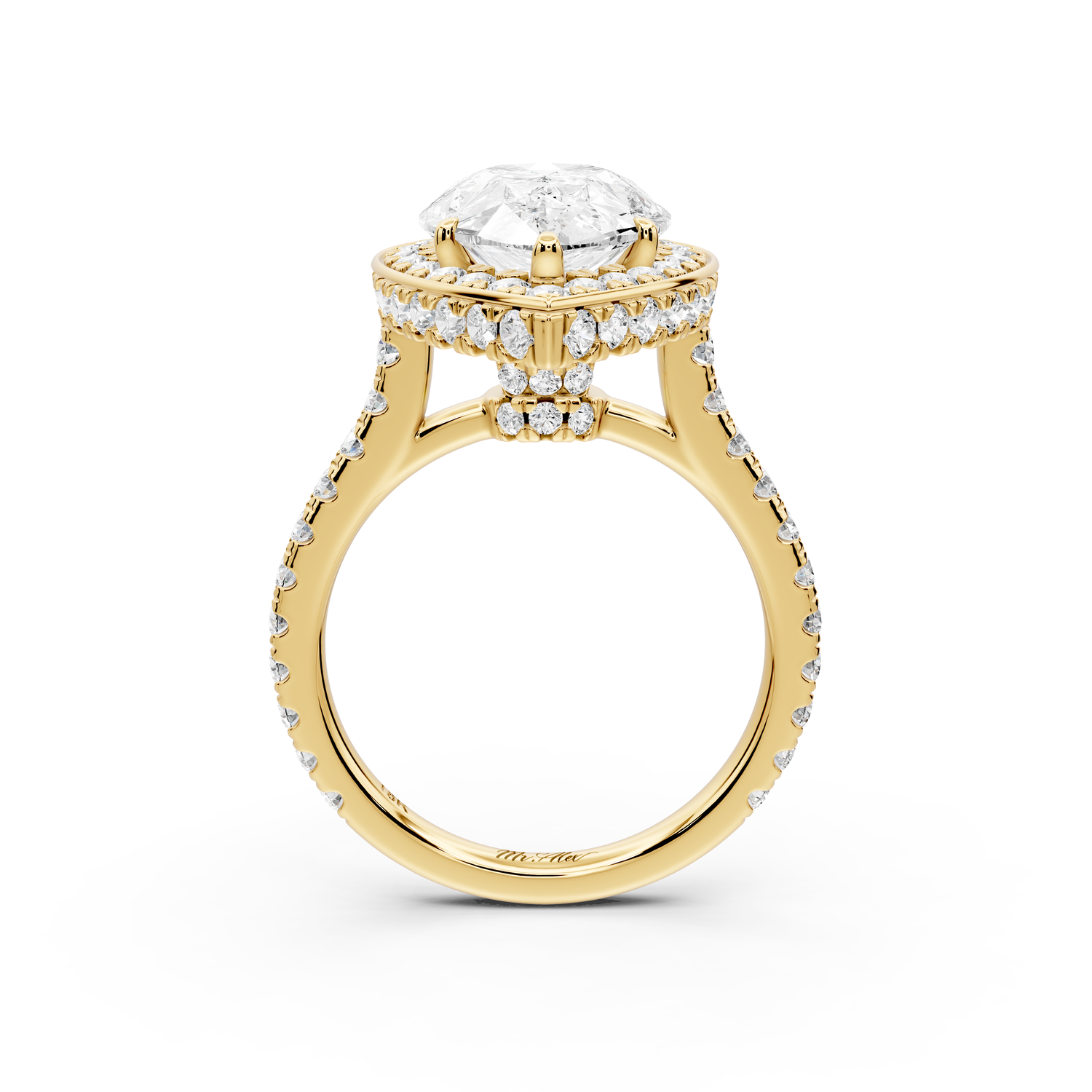 Beatrice - 4ct 14k yellow gold pear stone in rollover halo with diamond bridge and pavé engagement ring
