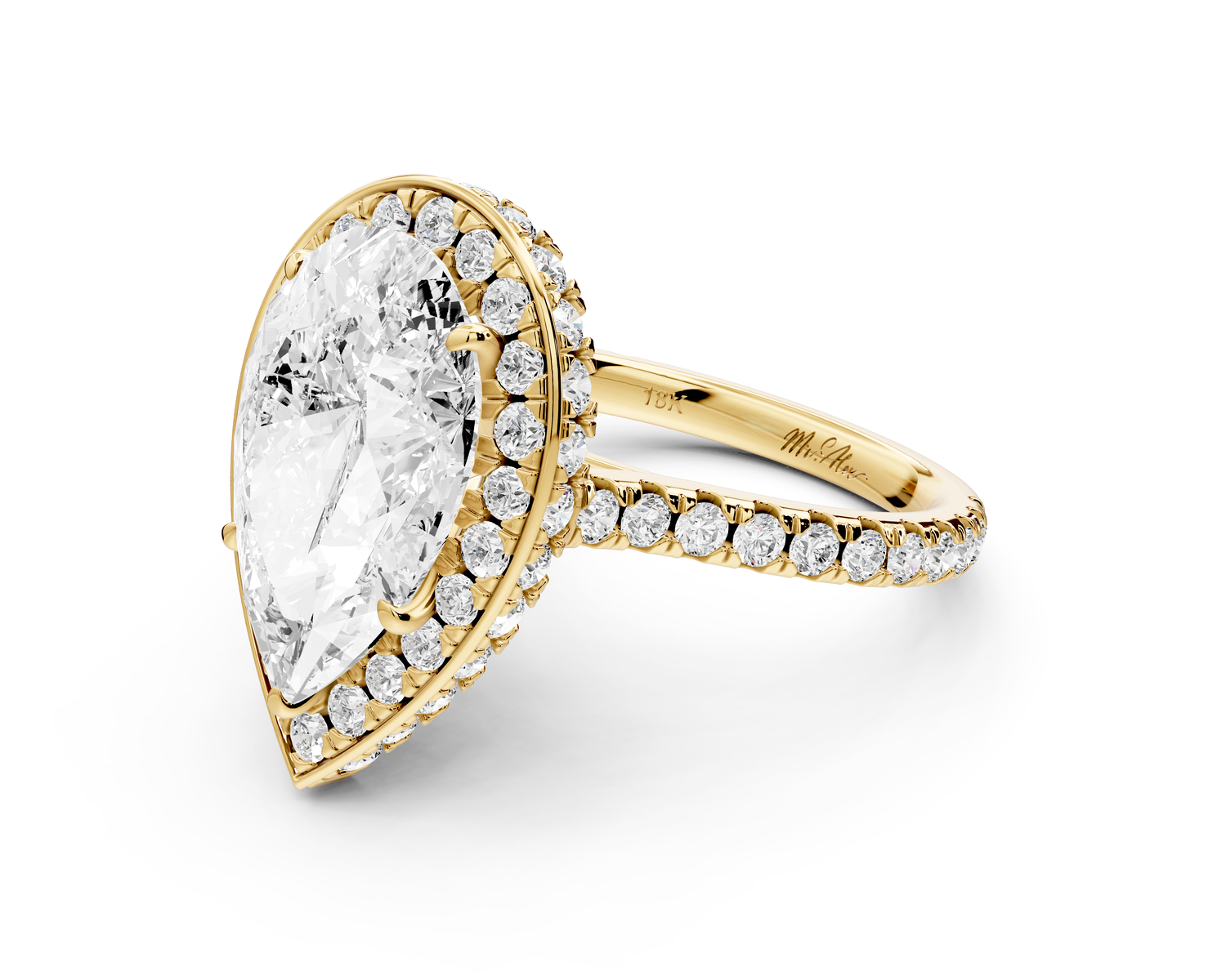 Beatrice - 4ct 14k yellow gold pear stone in rollover halo with diamond bridge and pavé engagement ring