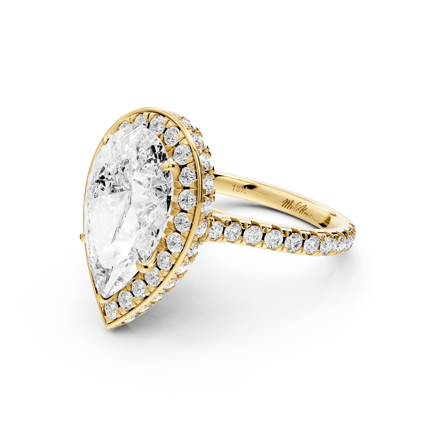 Beatrice - 4ct 14k yellow gold pear stone in rollover halo with diamond bridge and pavé engagement ring