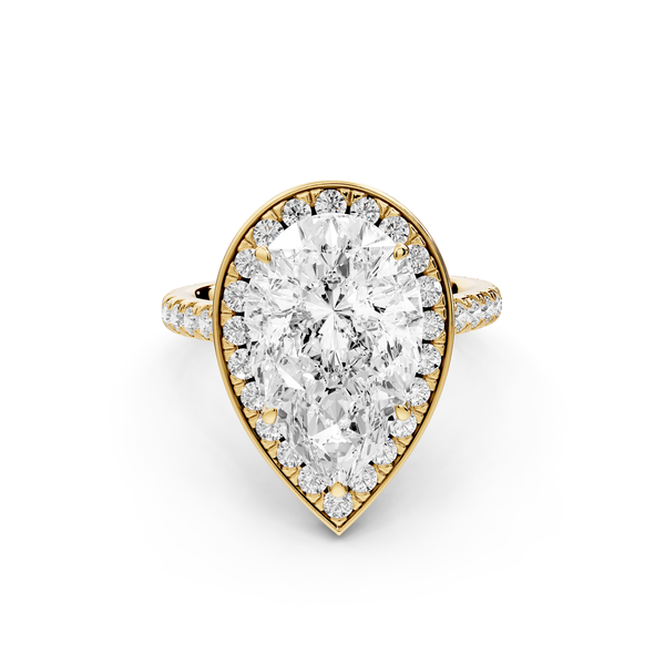 Beatrice - 4ct 14k yellow gold pear stone in rollover halo with diamond bridge and pavé engagement ring