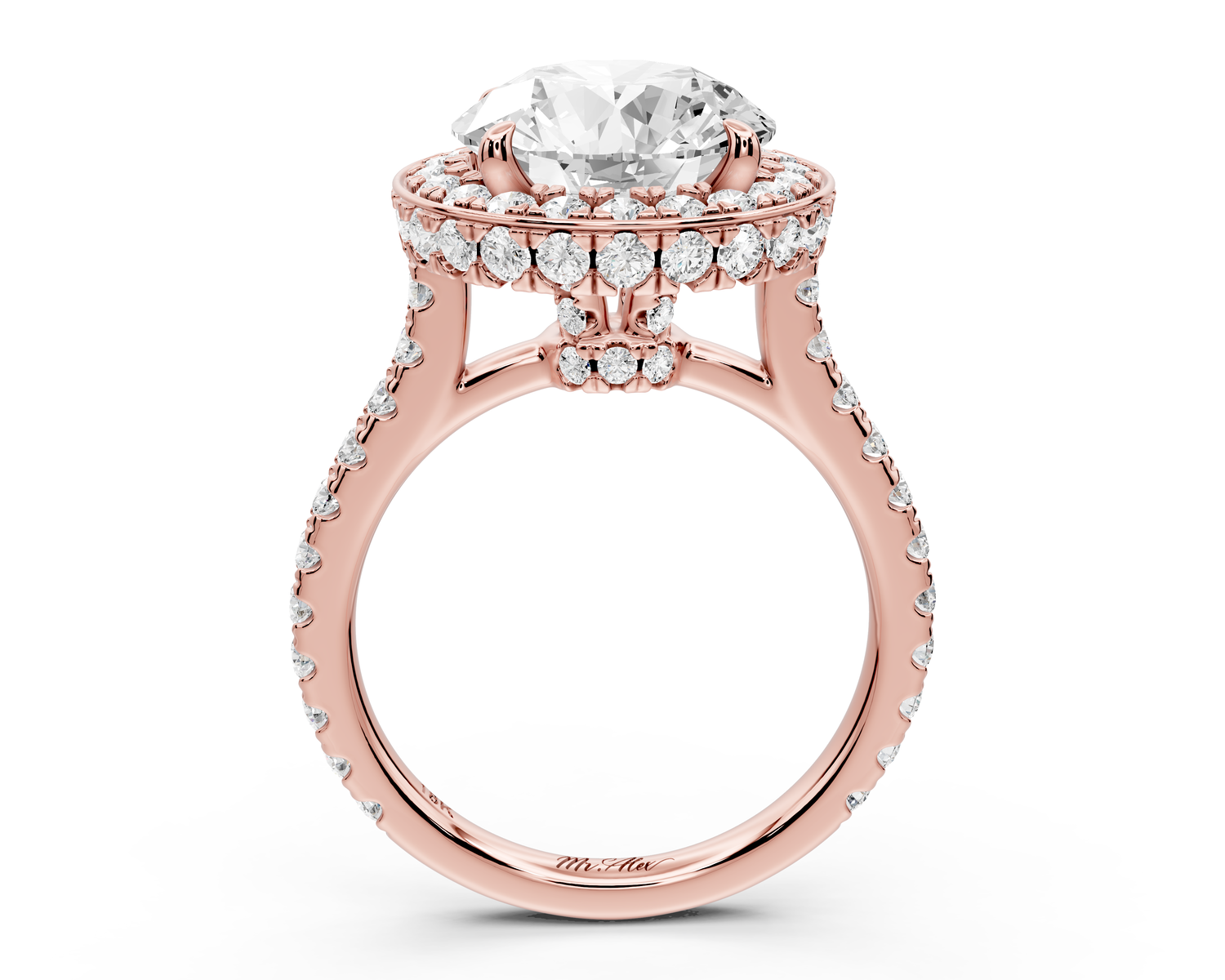 Beatrice - 4ct 14k rose gold round stone in rollover halo with diamond bridge and Pavé engagement ring