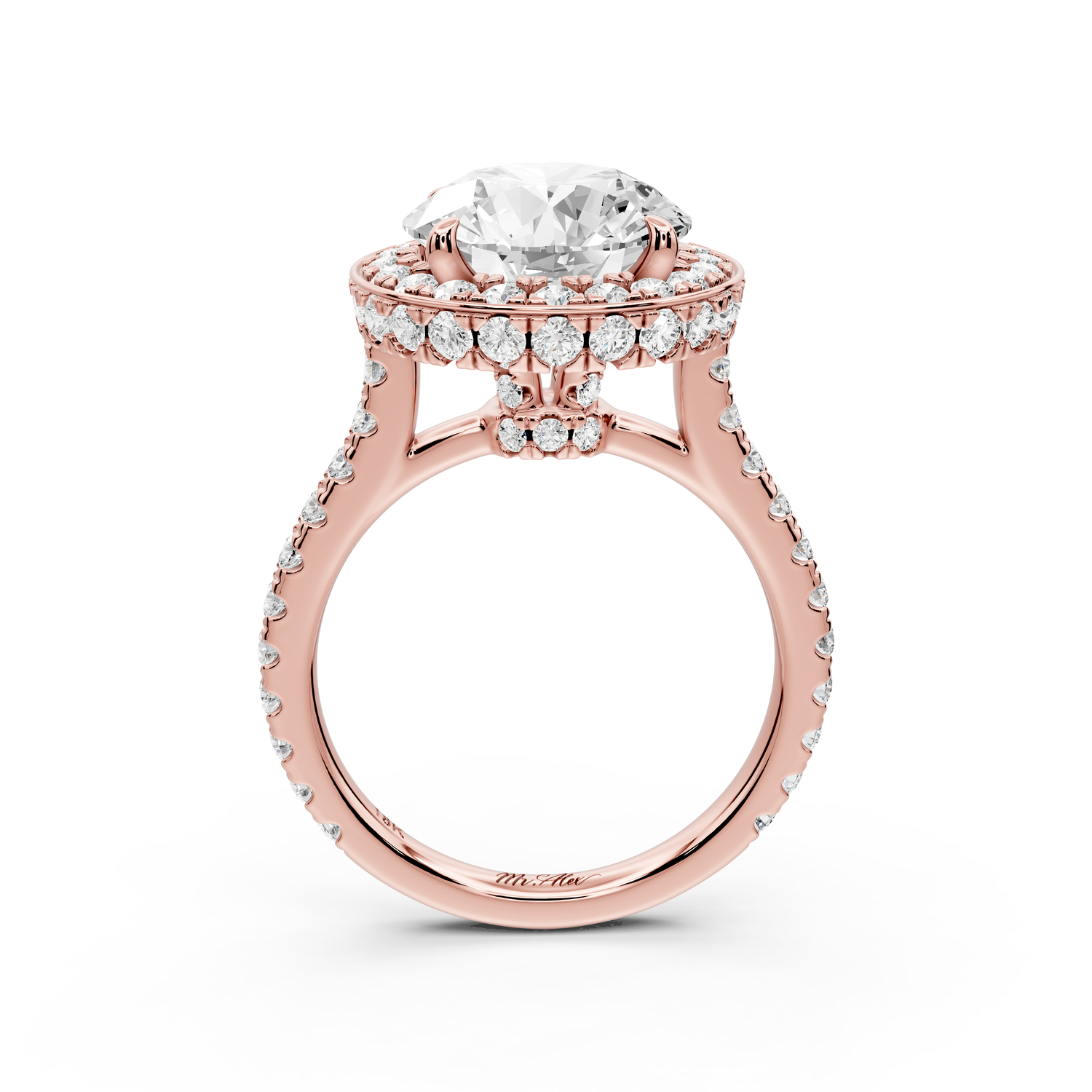 Beatrice - 4ct 14k rose gold round stone in rollover halo with diamond bridge and Pavé engagement ring