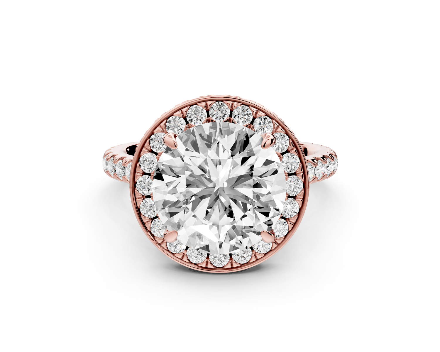 Beatrice - 4ct 14k rose gold round stone in rollover halo with diamond bridge and Pavé engagement ring