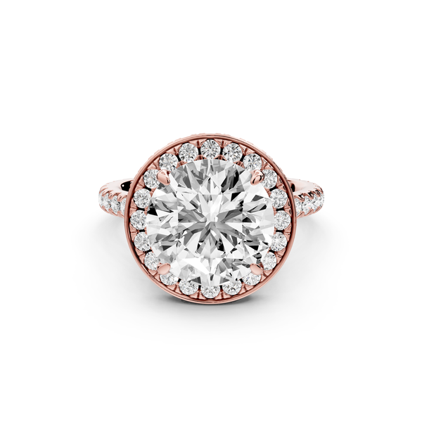 Beatrice - 4ct 14k rose gold round stone in rollover halo with diamond bridge and Pavé engagement ring